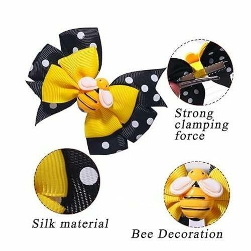 BOENBE LOVED Girls Yellow Bee Hair Clips with Ribbon Bows 2Pcs Polka Dots