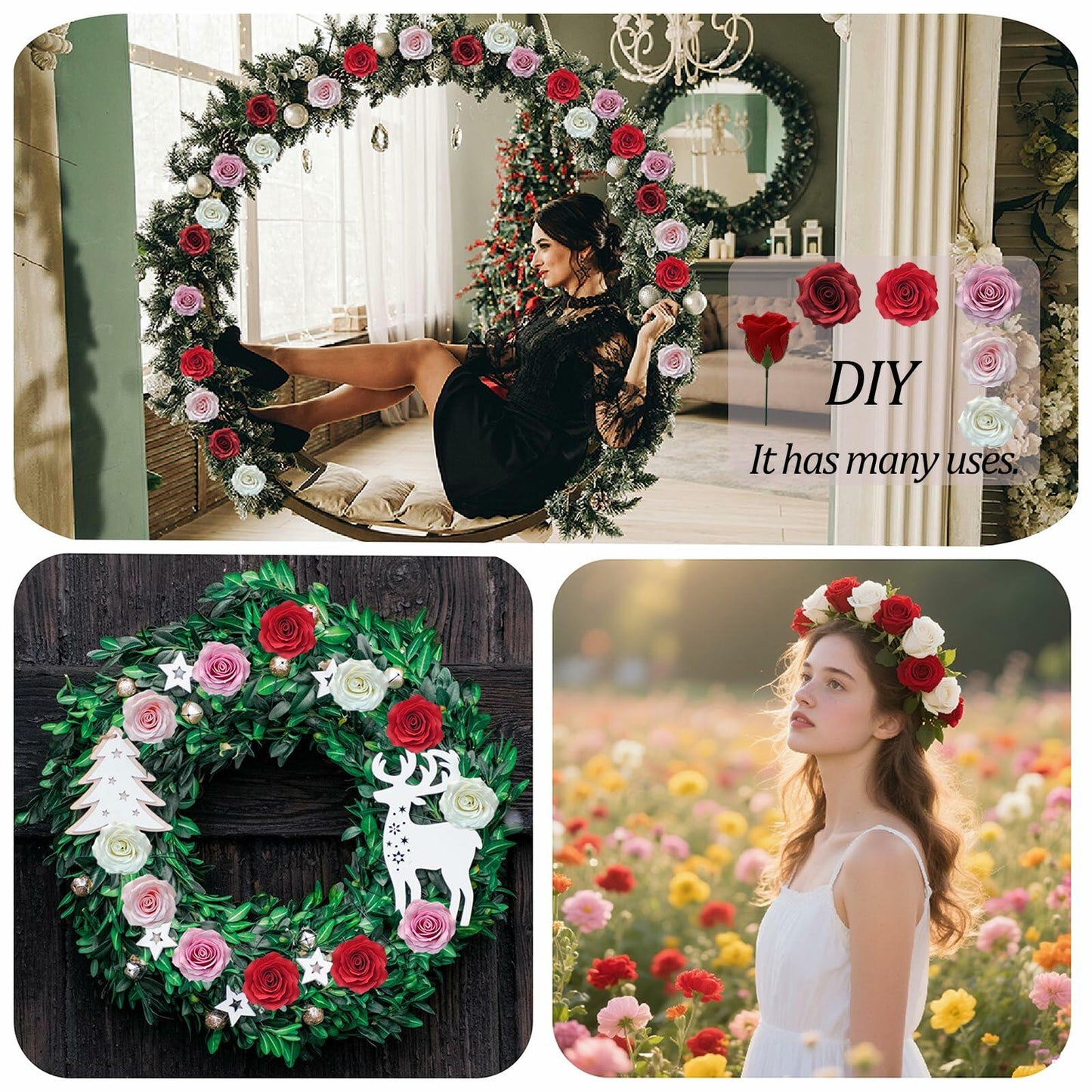 EIGHTOWN DIY Artificial Flowers Indoor 25 Pieces Red Pink Soap Material