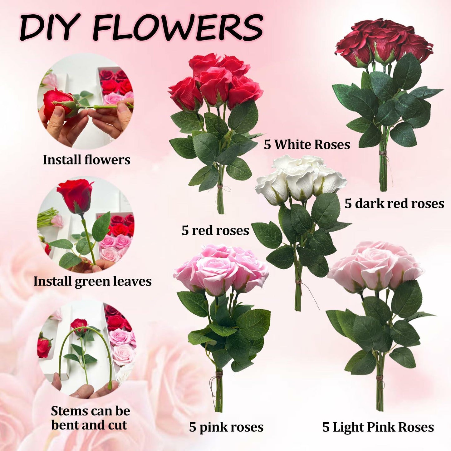 EIGHTOWN DIY Artificial Flowers Indoor 25 Pieces Red Pink Soap Material