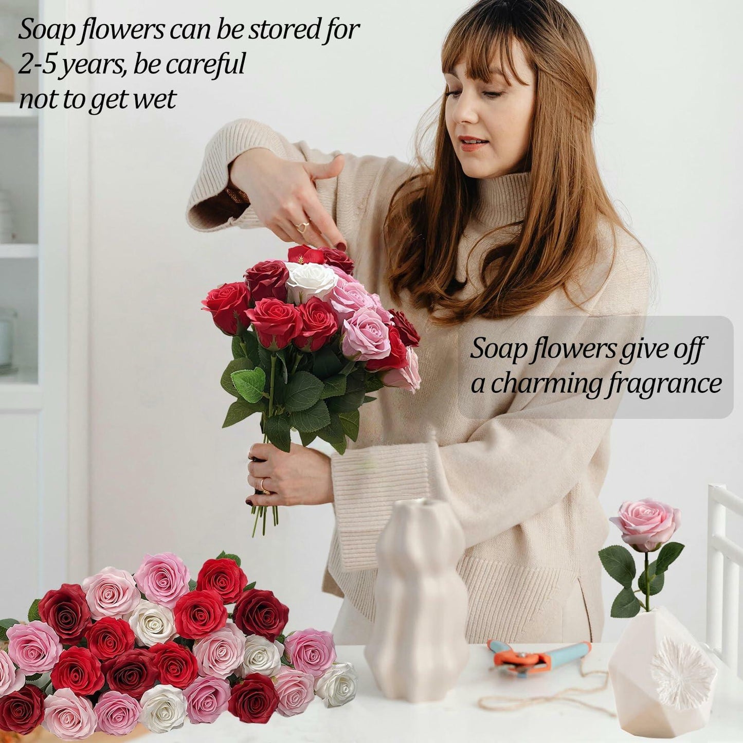 EIGHTOWN DIY Artificial Flowers Indoor 25 Pieces Red Pink Soap Material