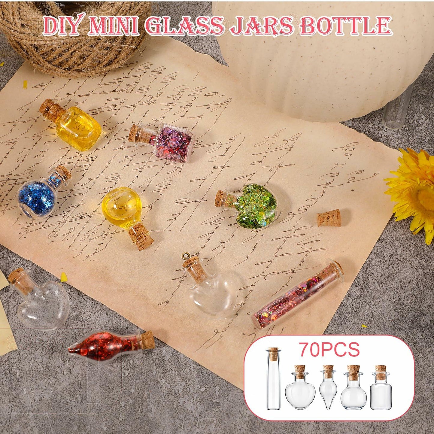 Meyeyaia 70 Pcs Halloween Mini Glass Potion Bottles with Cork Stoppers Set