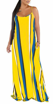 SheKiss Plus-Size Hawaiian Maxi Sundress Yellow with Pockets Size L