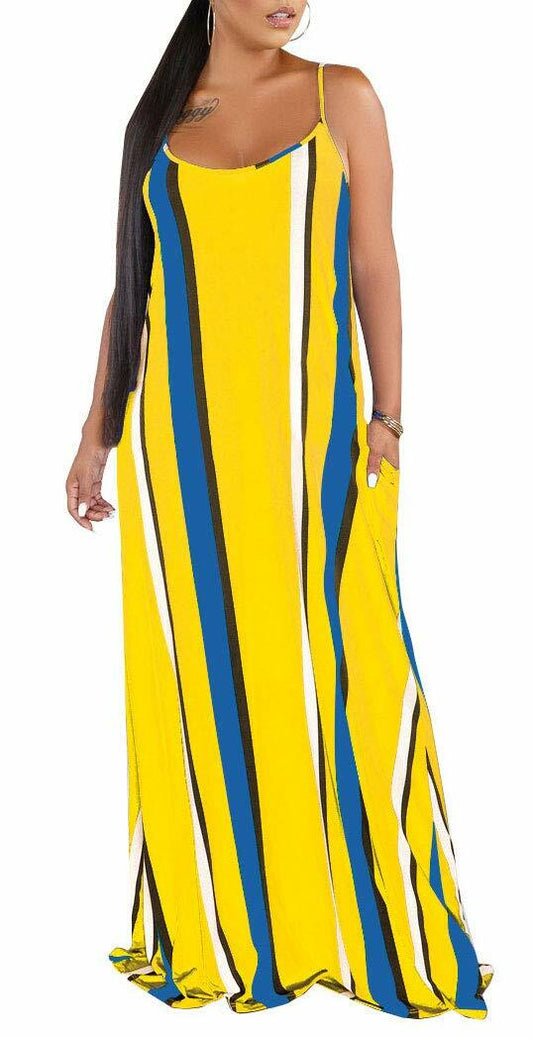 SheKiss Plus-Size Hawaiian Maxi Sundress Yellow with Pockets Size L