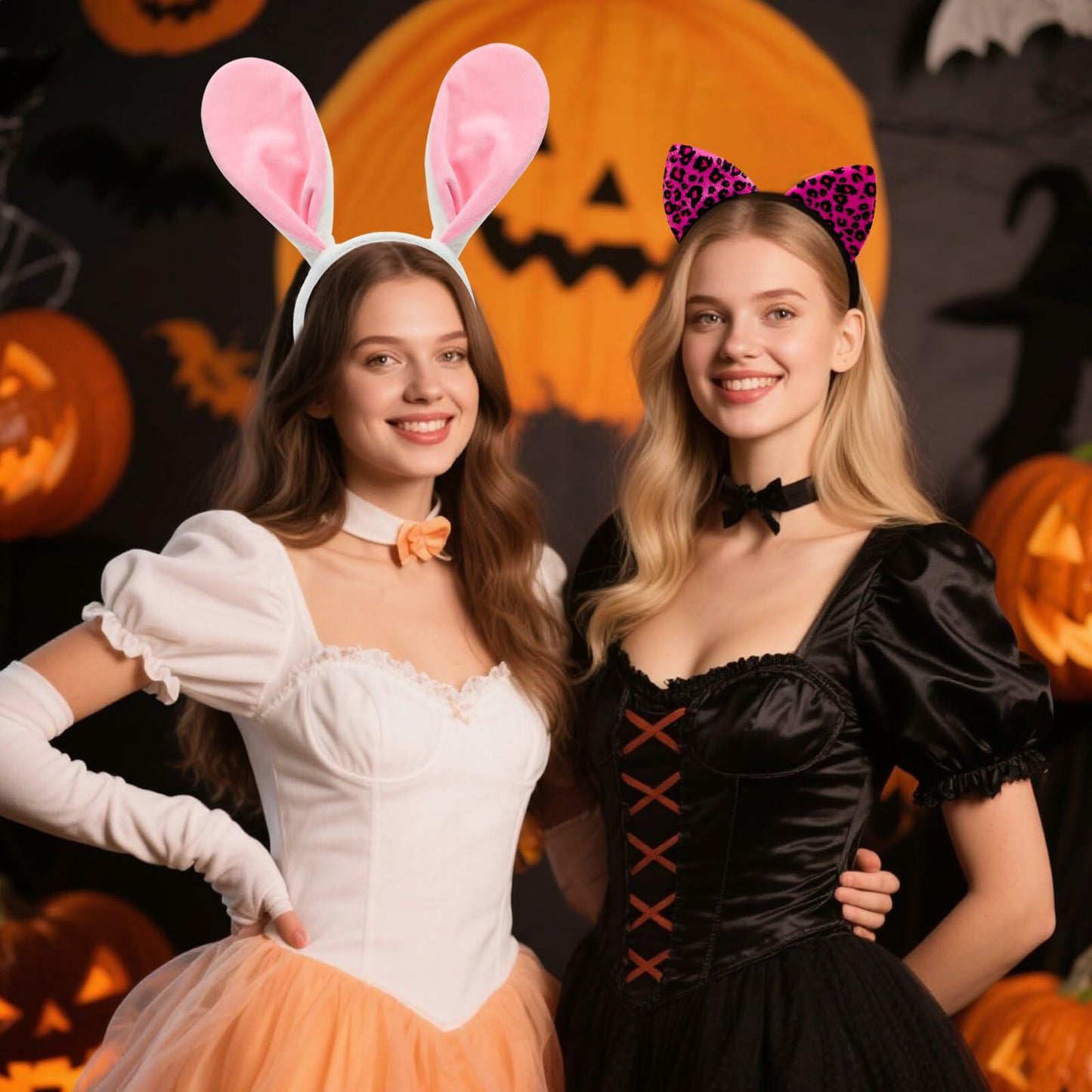 Hoteam 3 Pcs Halloween Ear Headbands Pink Leopard Bunny Mouse Colorful