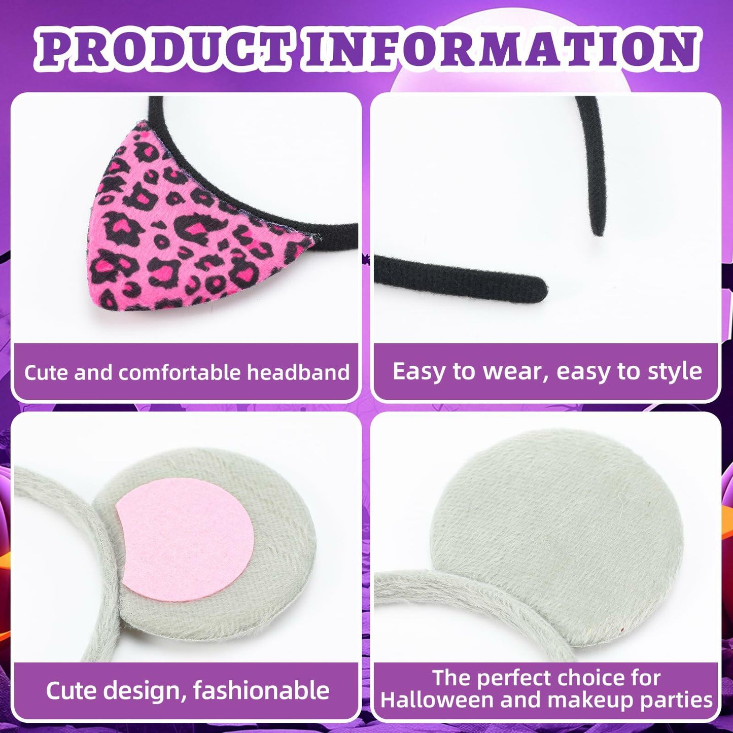 Hoteam 3 Pcs Halloween Ear Headbands Pink Leopard Bunny Mouse Colorful