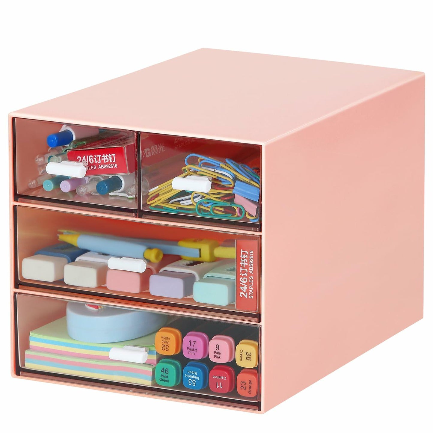 LETURE Desk Organizer 4 Drawers Clear Plastic Office Storage Pink