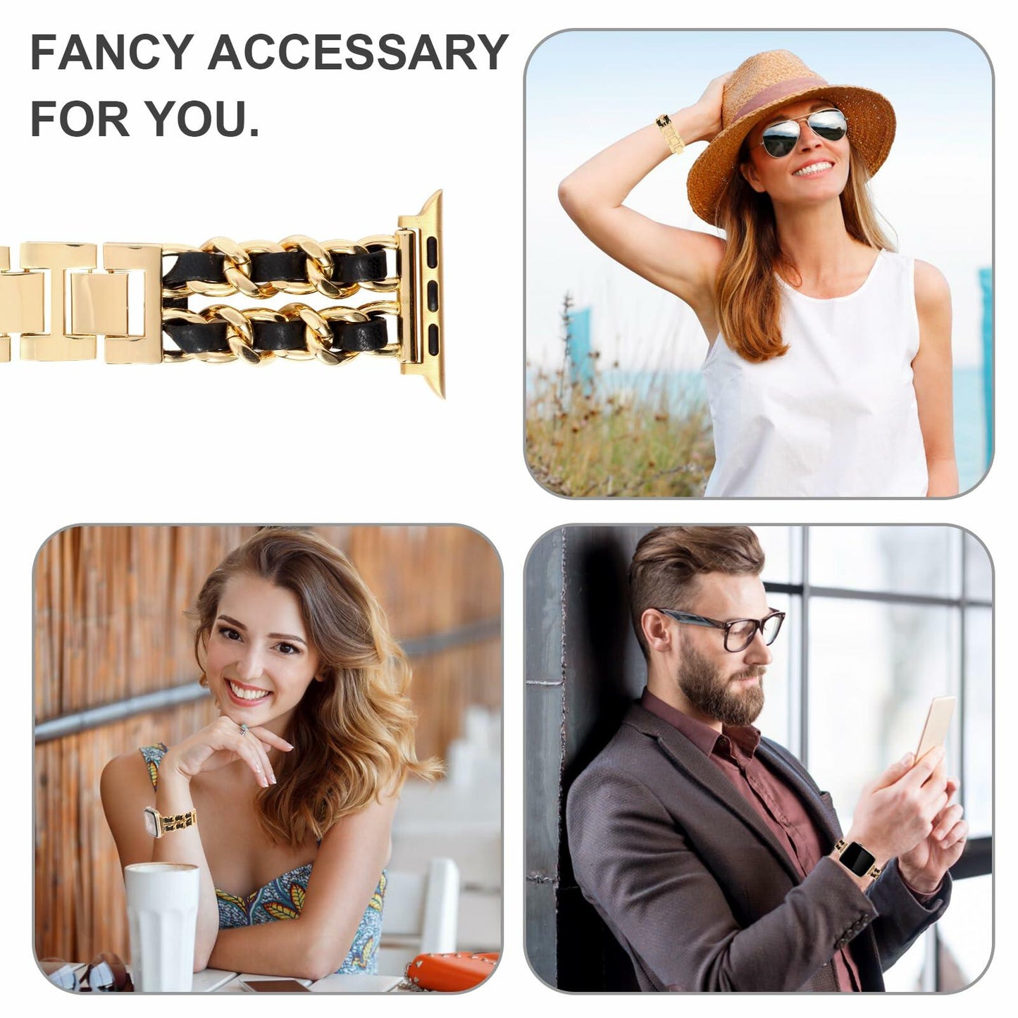 Long Pond Designer Apple Watch Metal Chain Bracelet Band 42-49mm Gold Black