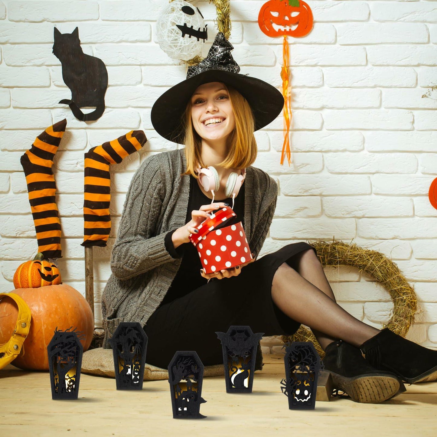 GlikCeil Halloween Wood Coffin Candle Holders 5 Pcs Black Gothic Decor