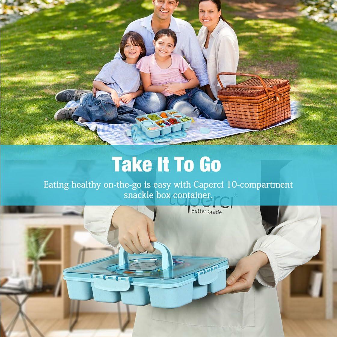 Caperci Snackle Box Large 10-Compartment Tray with Lid Handle Blue