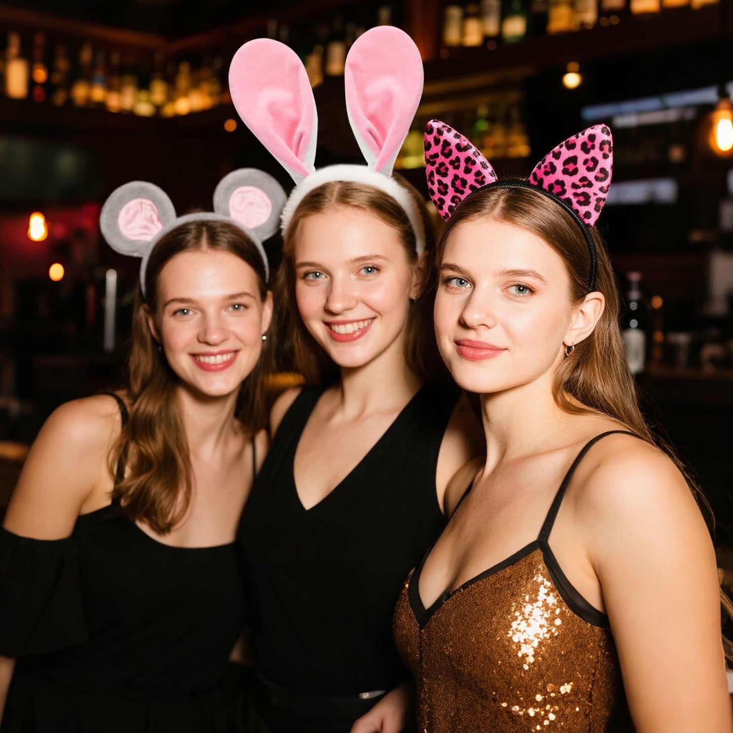 Hoteam 3 Pcs Halloween Ear Headbands Pink Leopard Bunny Mouse Colorful