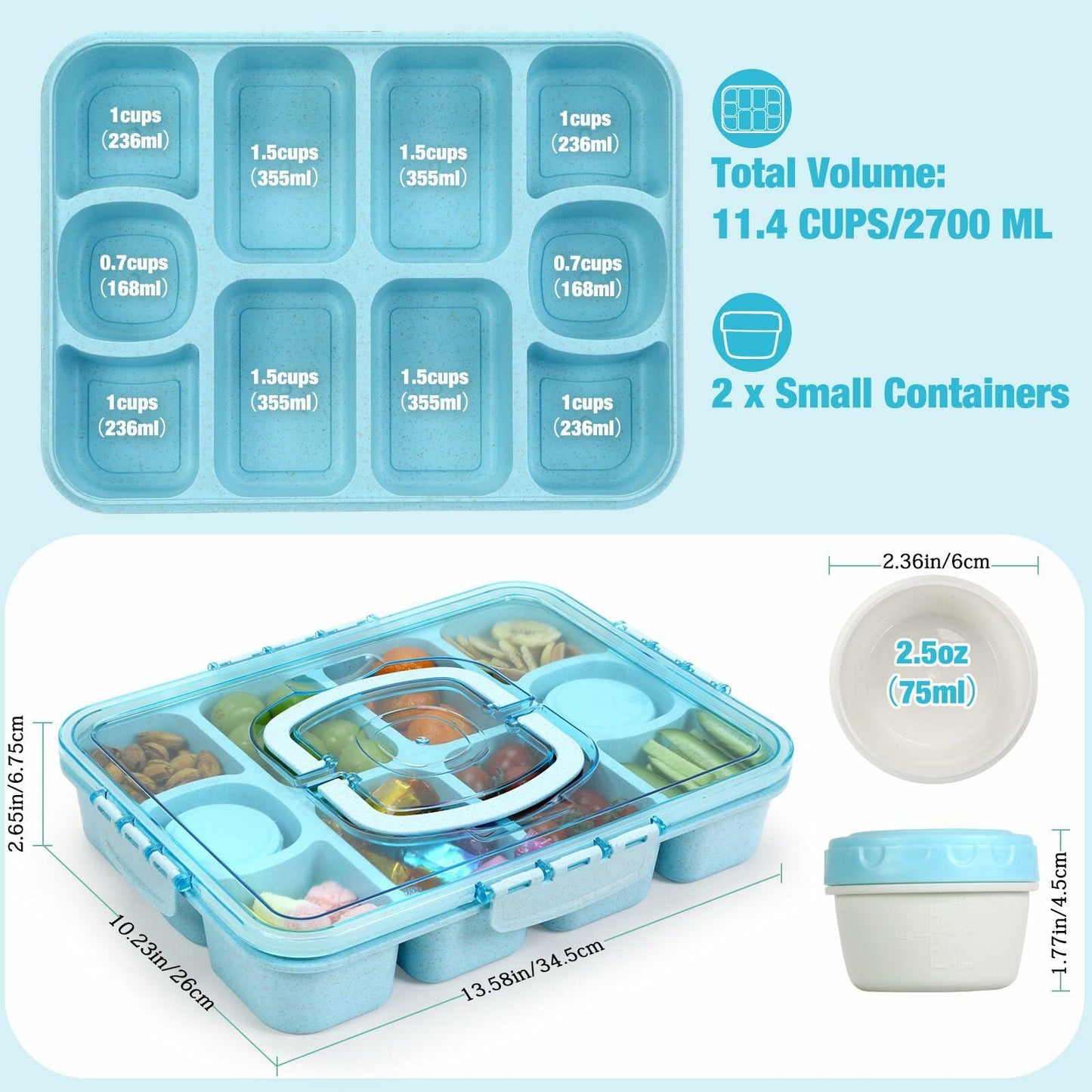 Caperci Snackle Box Large 10-Compartment Tray with Lid Handle Blue