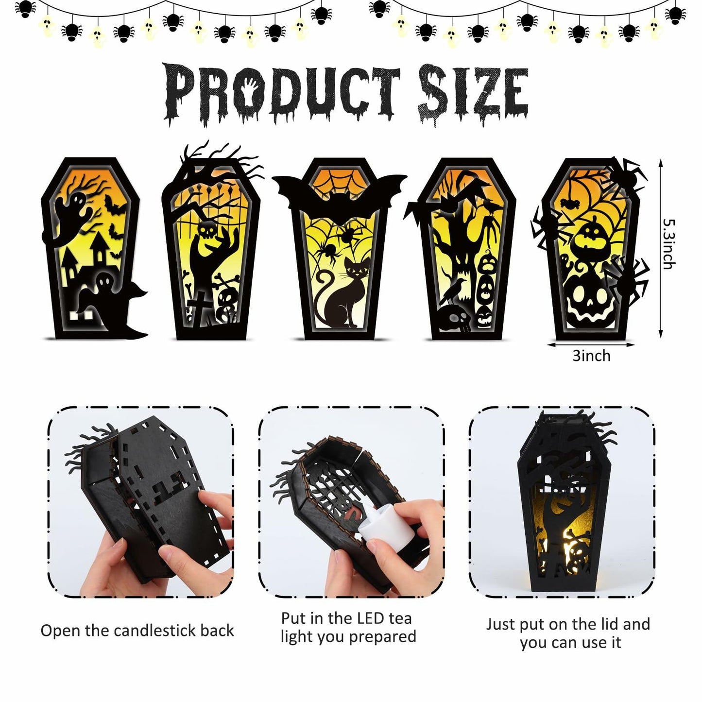 GlikCeil Halloween Wood Coffin Candle Holders 5 Pcs Black Gothic Decor