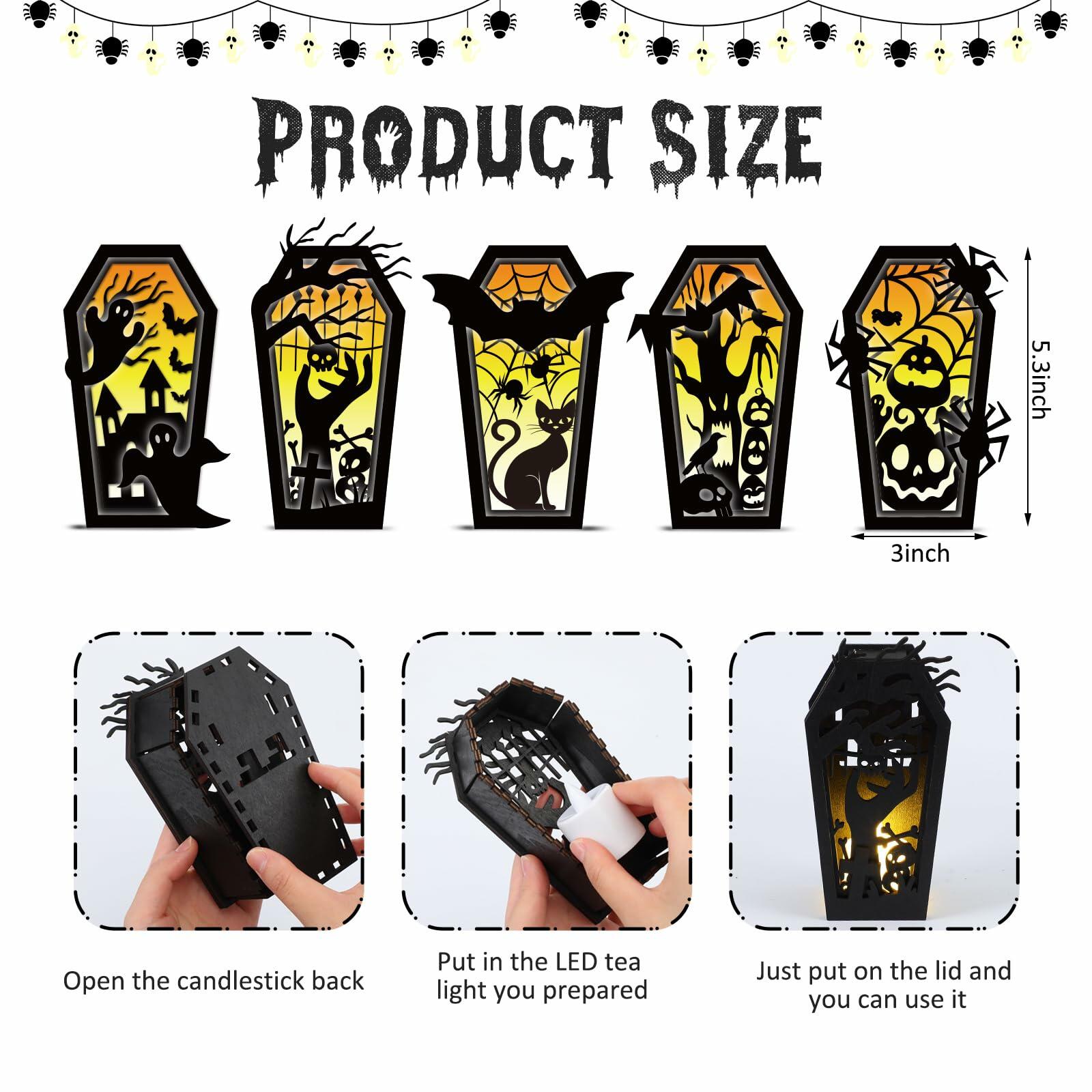 GlikCeil Halloween Wood Coffin Candle Holders 5 Pcs Black Gothic Decor