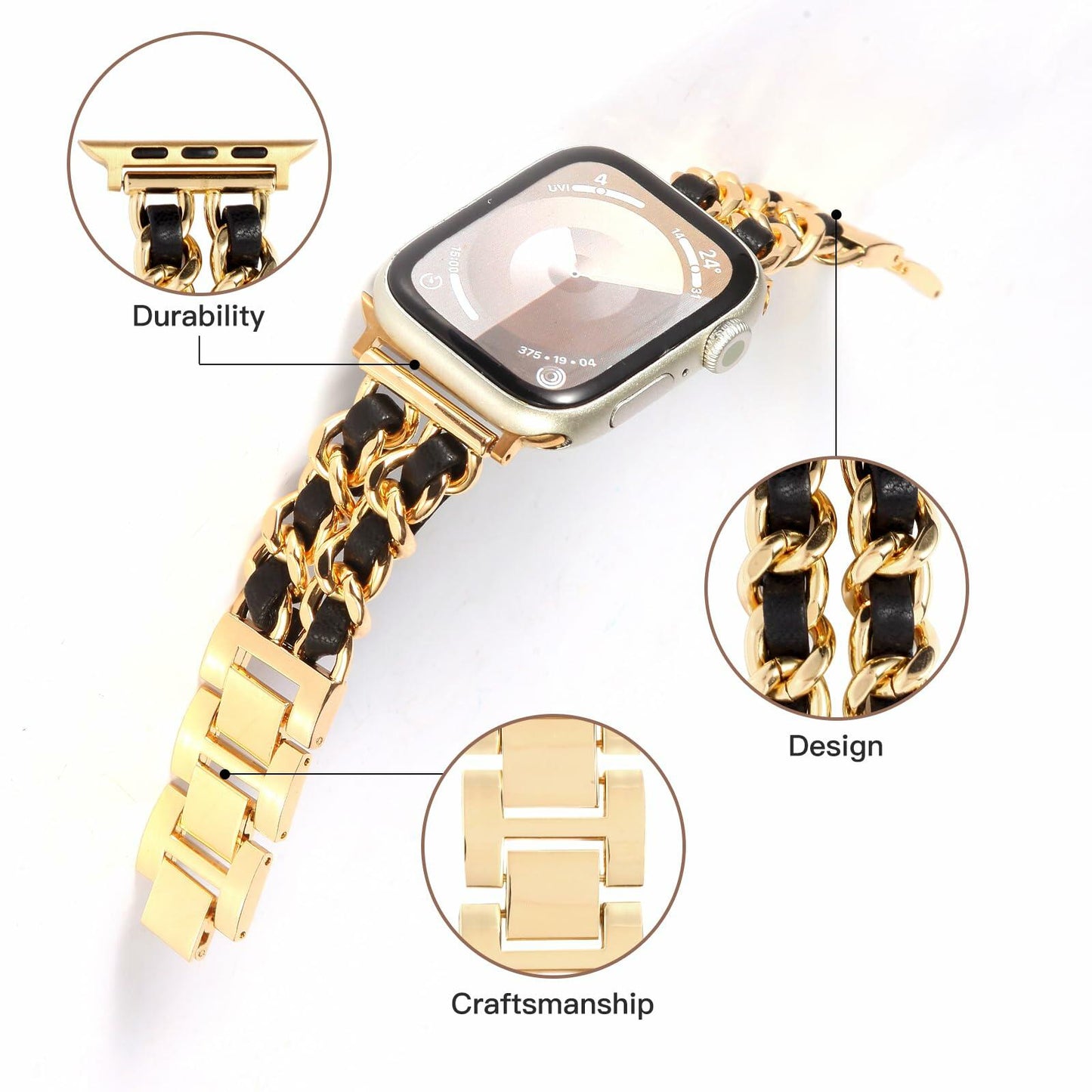 Long Pond Designer Apple Watch Metal Chain Bracelet Band 42-49mm Gold Black