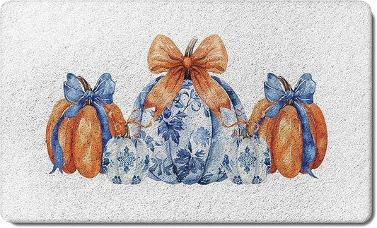 TopXmai Chinoiserie Pumpkin Door Mat 17x30 Blue White Orange Indoor Outdoor