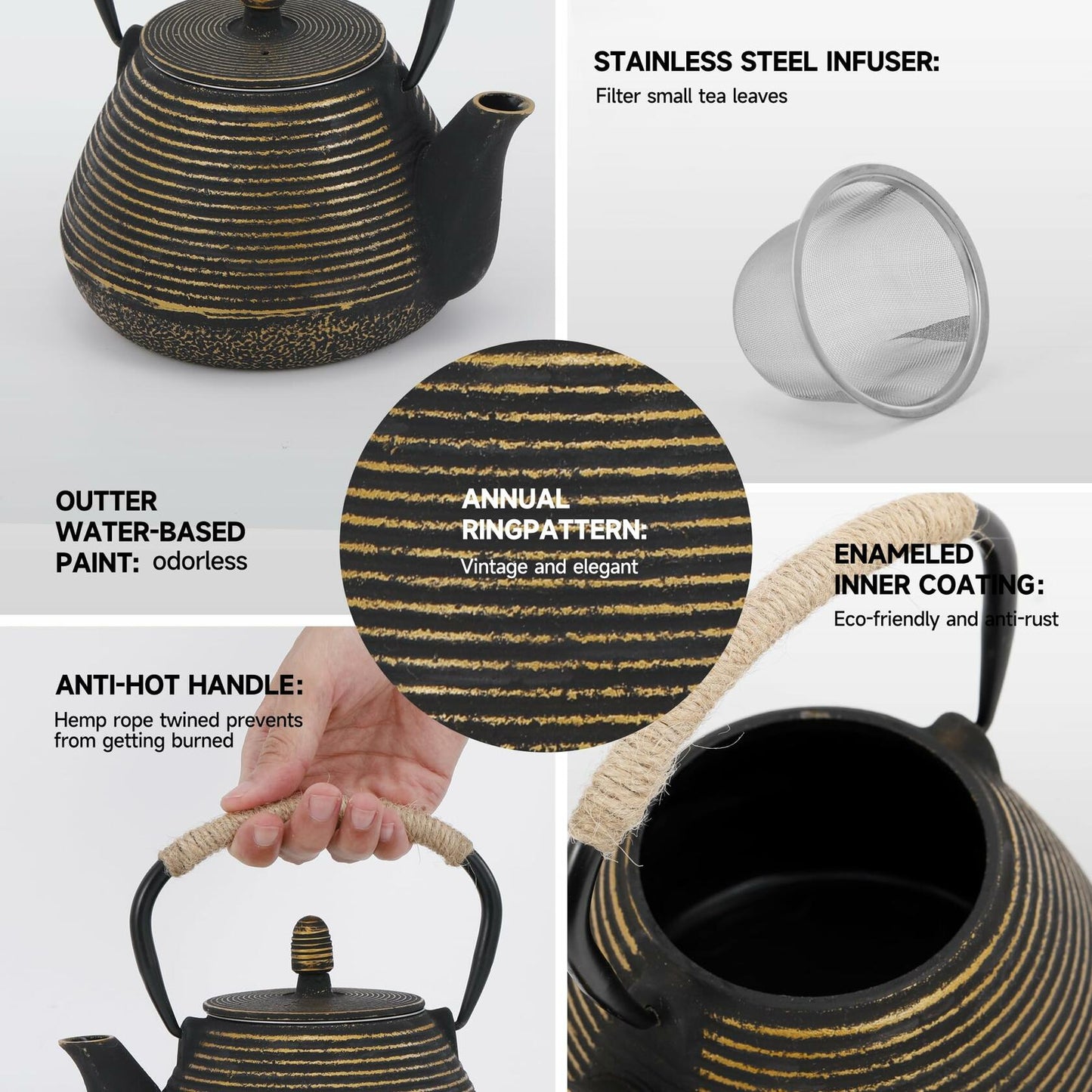 MIDIMORI Cast Iron Teapot Japanese Stovetop Enameled 34oz ANNUAL RING