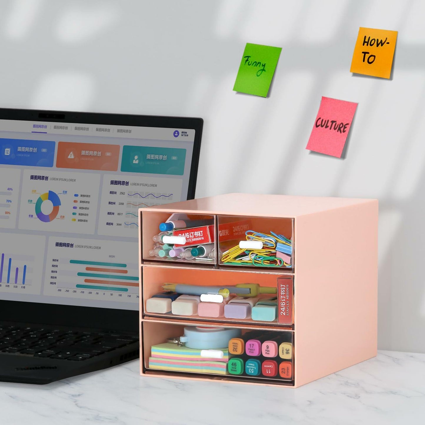 LETURE Desk Organizer 4 Drawers Clear Plastic Office Storage Pink