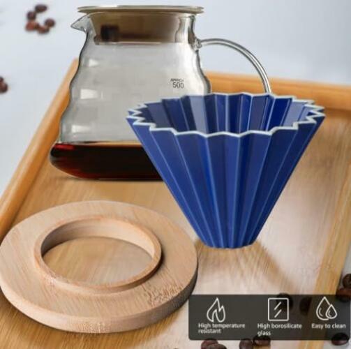 Roast'n Berry Blue Ceramic Coffee Dripper Pour Over Maker With Wood Stand V60