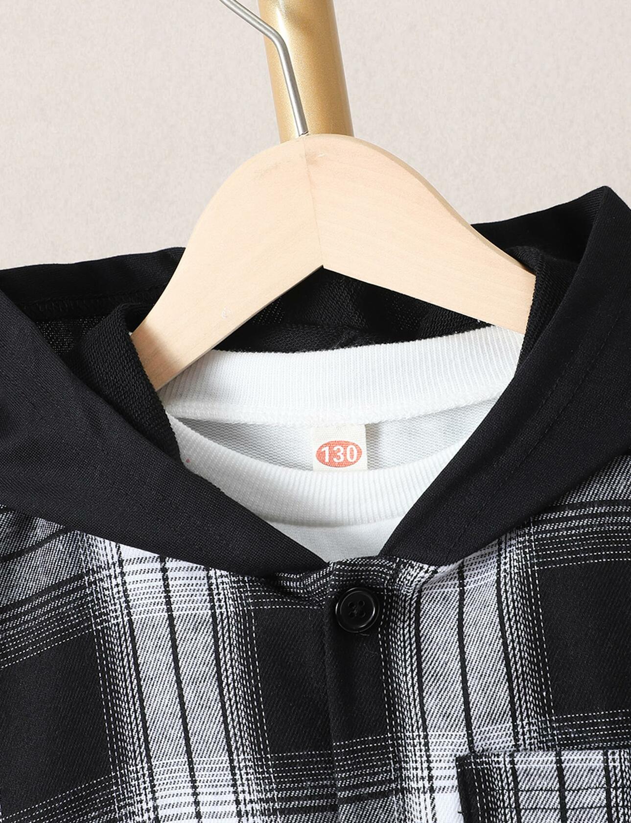 FERWANG Boys 2PC Plaid Hoodie & Jogger Set Black Size 5-6 Years