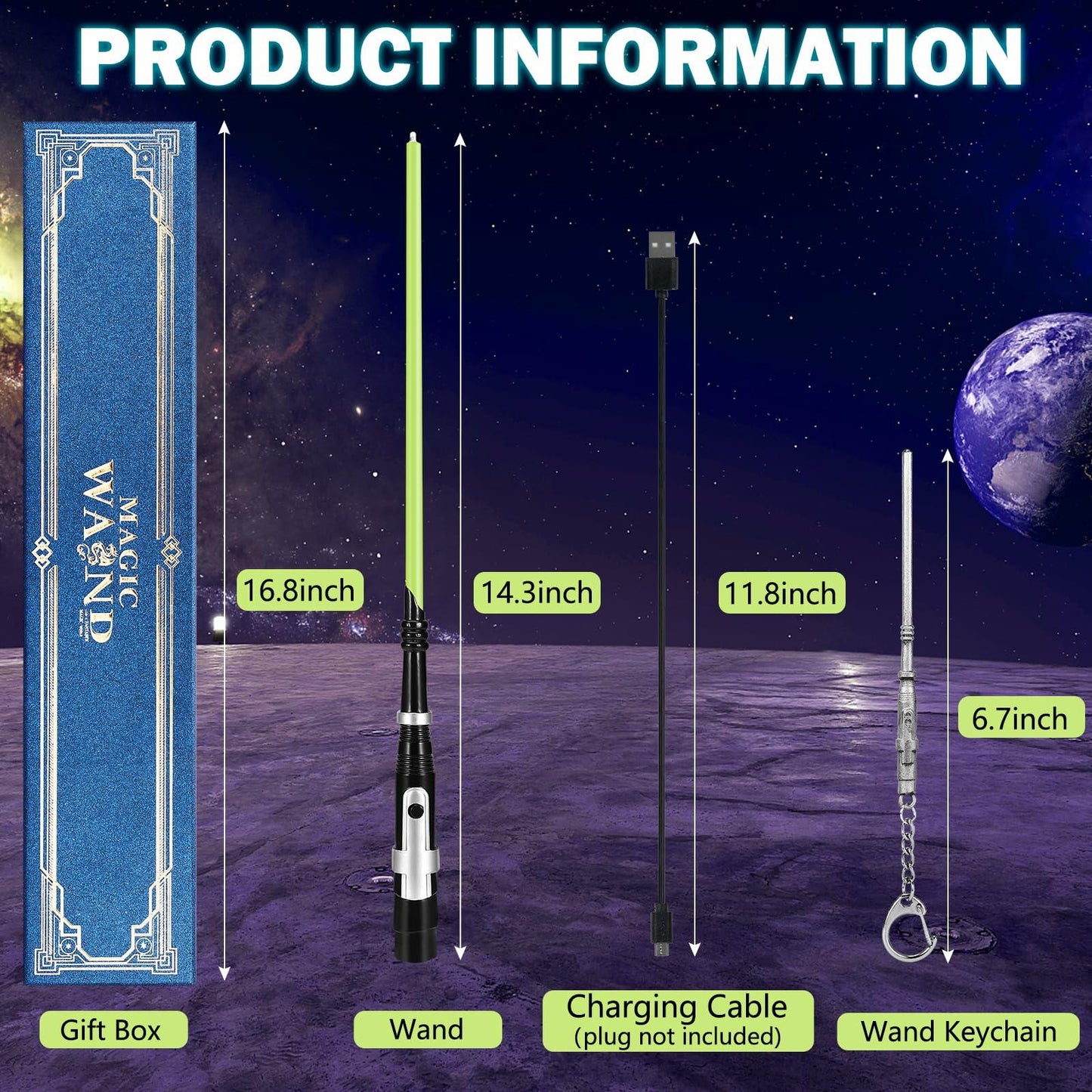 KingVows Light Up Magic Wizard Wand 14.3" Rechargeable Green Cosplay