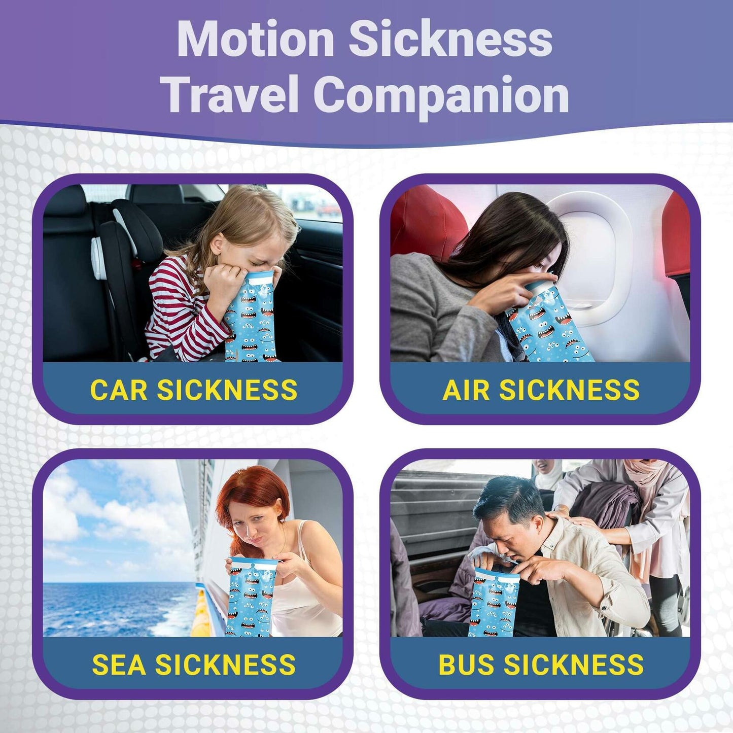 WECARE Kids Vomit Bags 5 Pack Disposable Leak Proof Self Sealing Monster Print