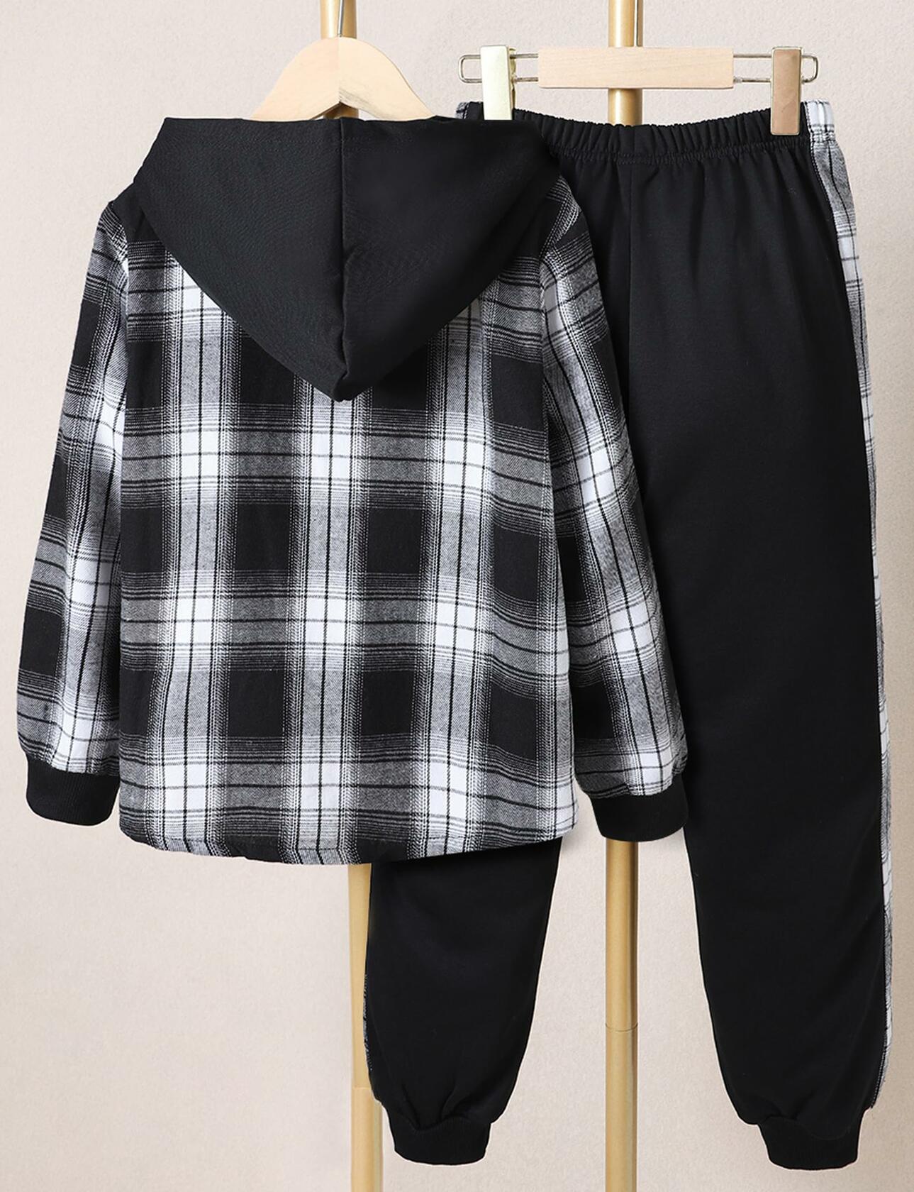 FERWANG Boys 2PC Plaid Hoodie & Jogger Set Black Size 5-6 Years