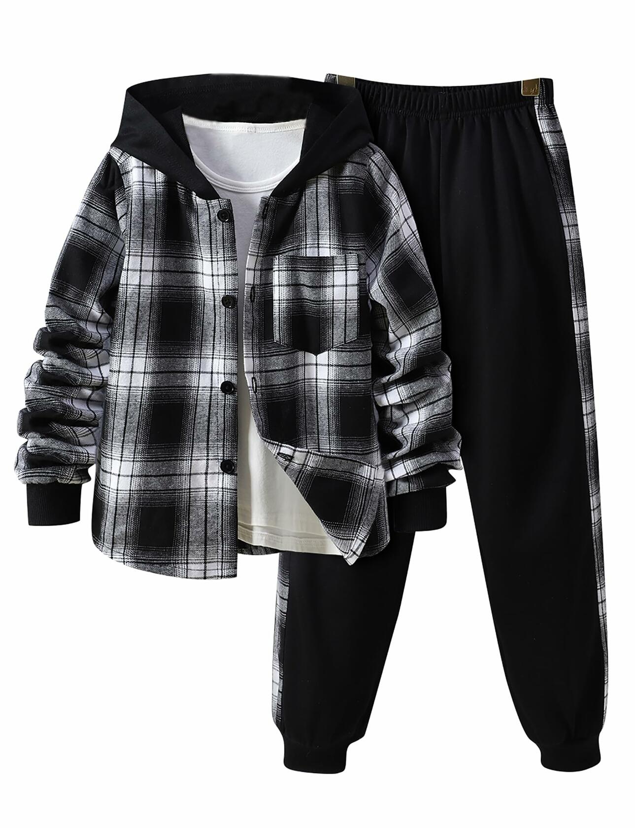 FERWANG Boys 2PC Plaid Hoodie & Jogger Set Black Size 5-6 Years