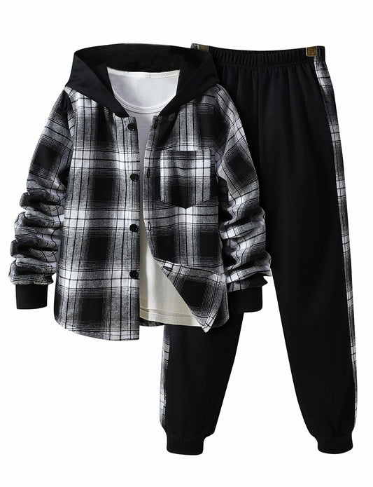 FERWANG Boys 2PC Plaid Hoodie & Jogger Set Black Size 5-6 Years