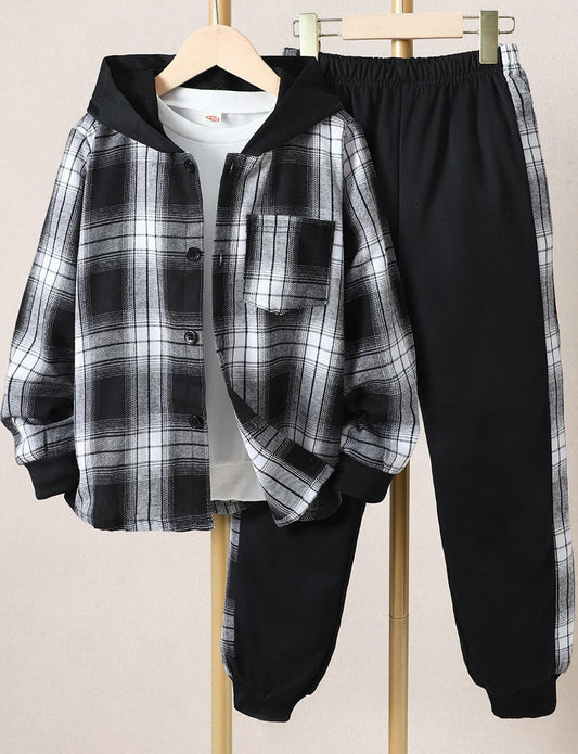 FERWANG Boys 2PC Plaid Hoodie & Jogger Set Black Size 5-6 Years