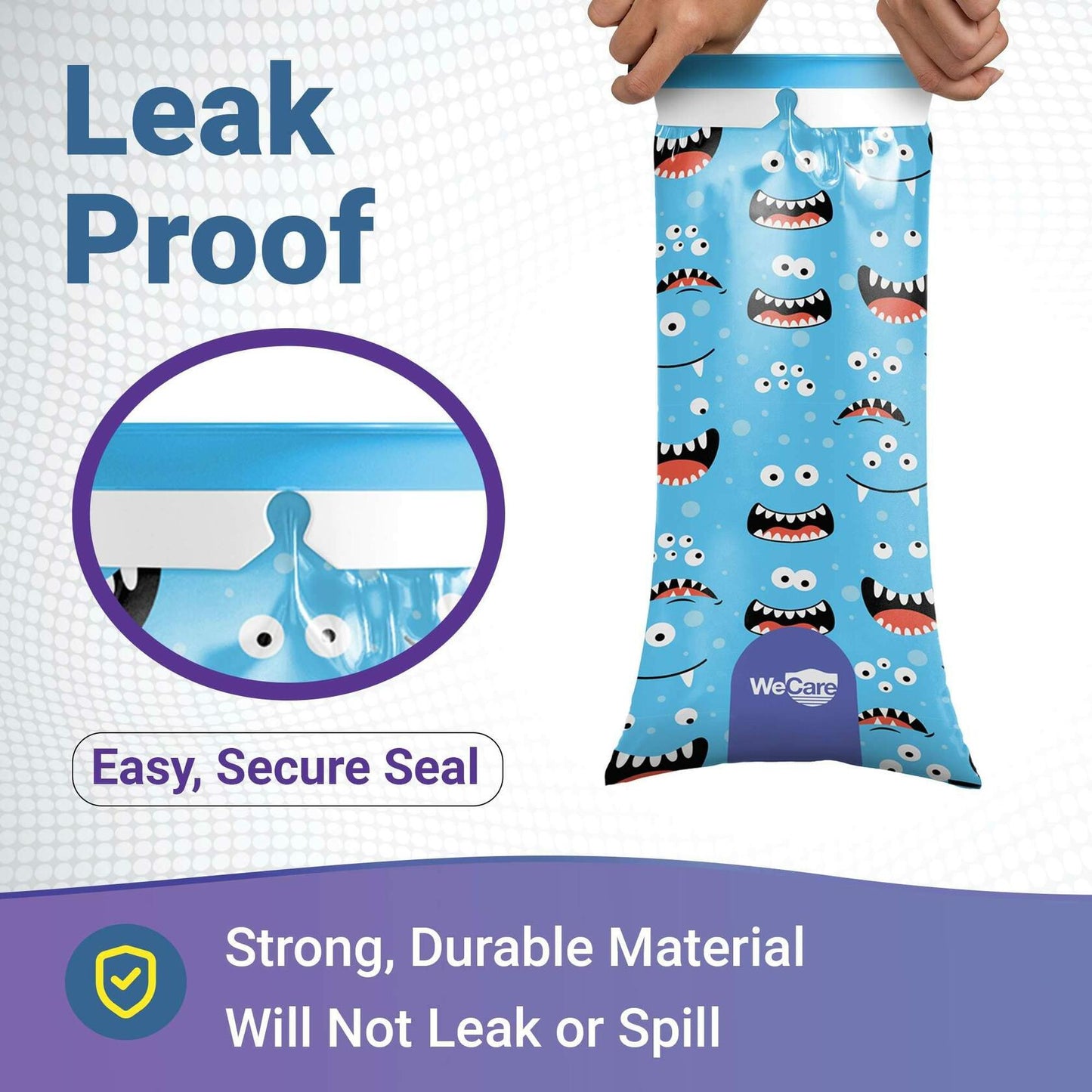 WECARE Kids Vomit Bags 5 Pack Disposable Leak Proof Self Sealing Monster Print