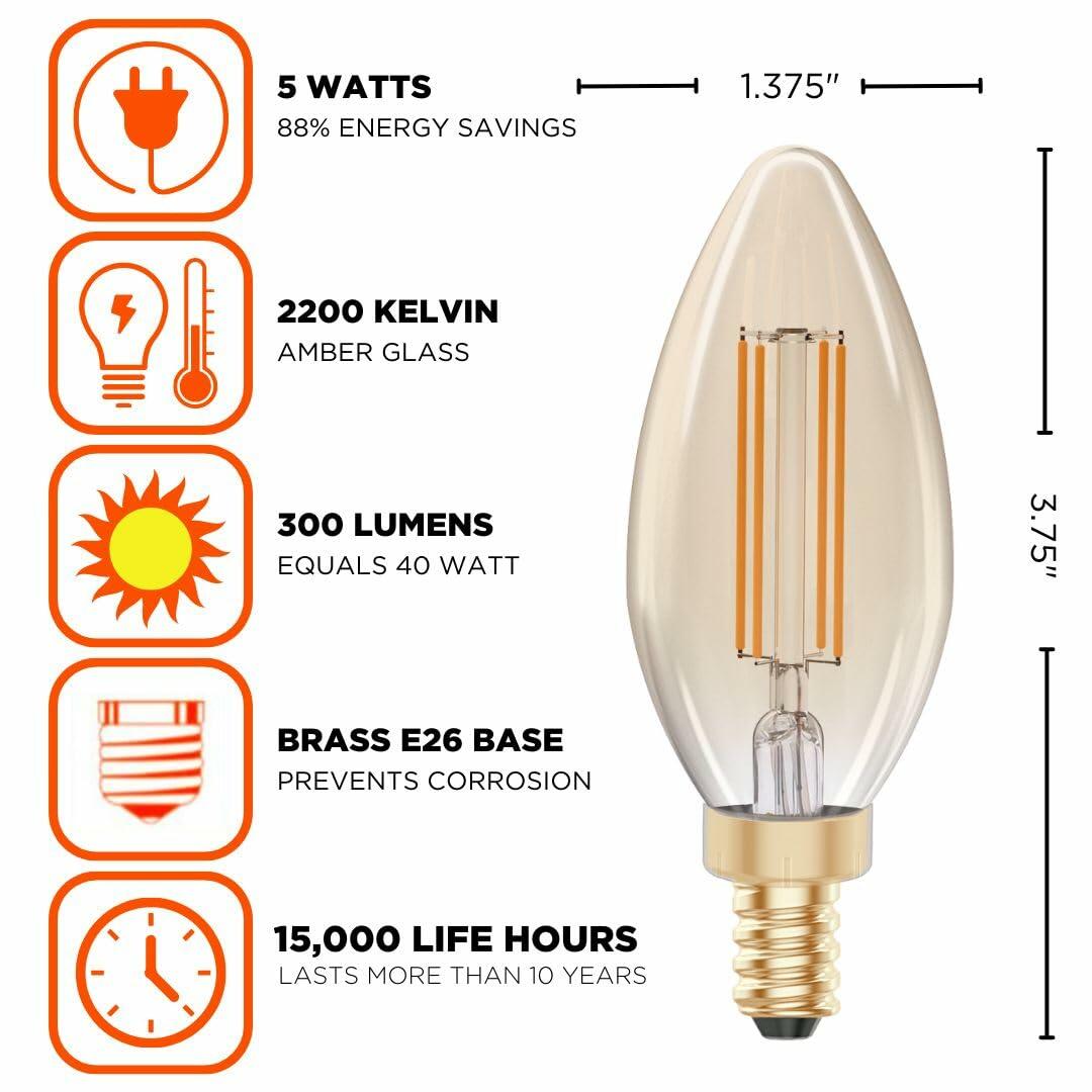 GoodBulb 5W E12 Clear Golden LED Chandelier Bulbs 2200K 300LM 6 Pack