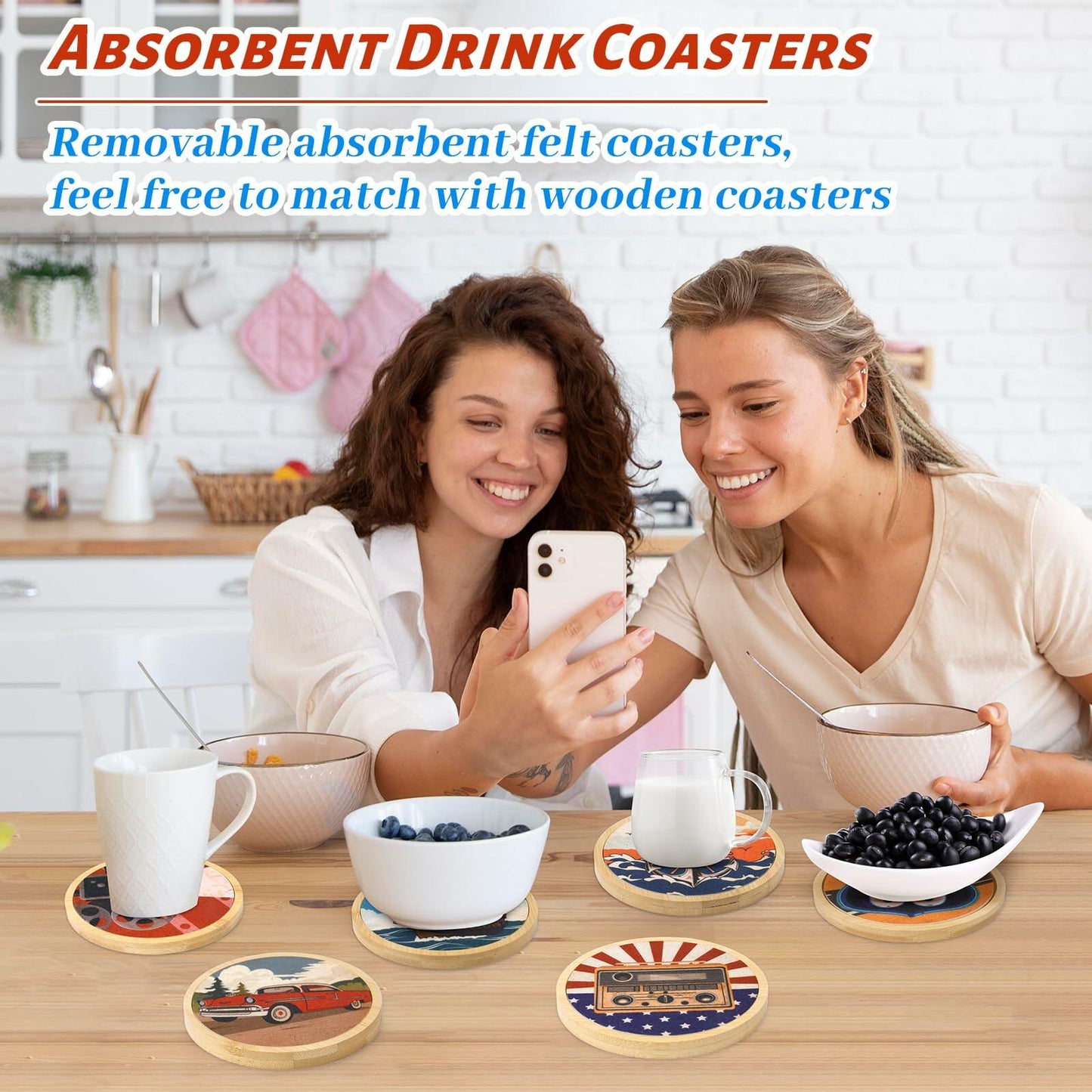 Leokawin Wood Coasters Set of 6 4 Inch Vintage Brown Drink Absorbent