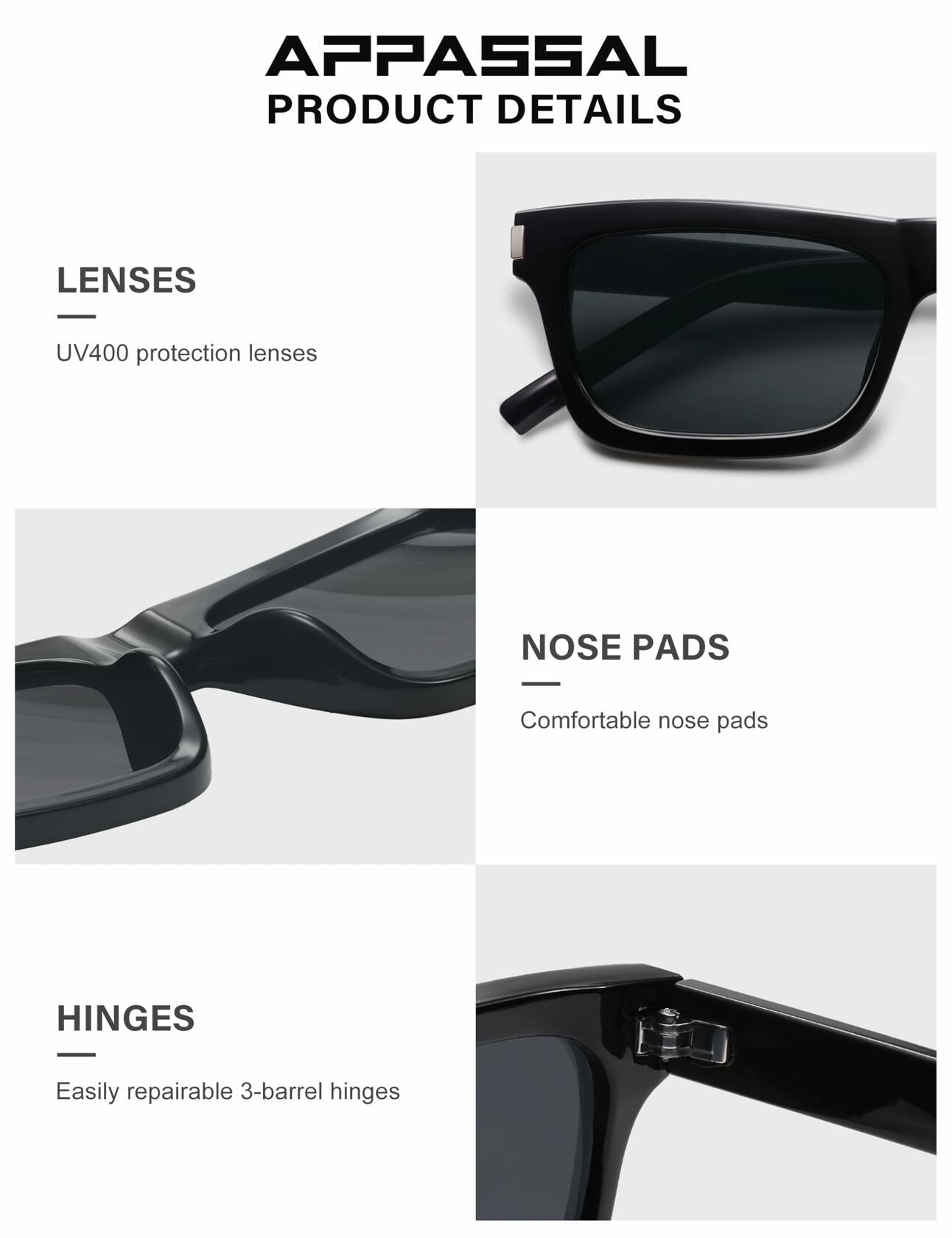 Appassal Retro Rectangular Sunglasses Unisex Black/Dark Gray AP3752 Open Box