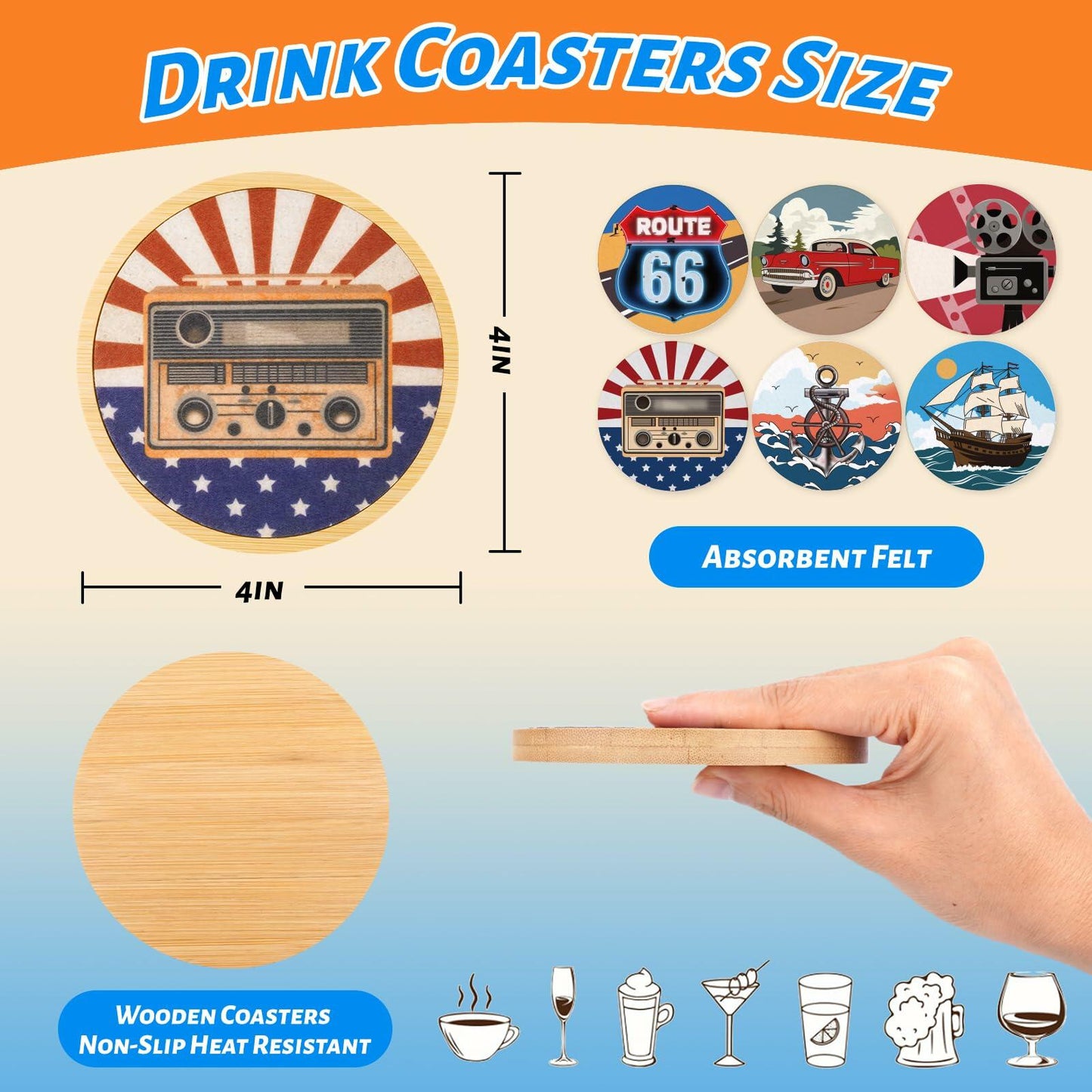 Leokawin Wood Coasters Set of 6 4 Inch Vintage Brown Drink Absorbent