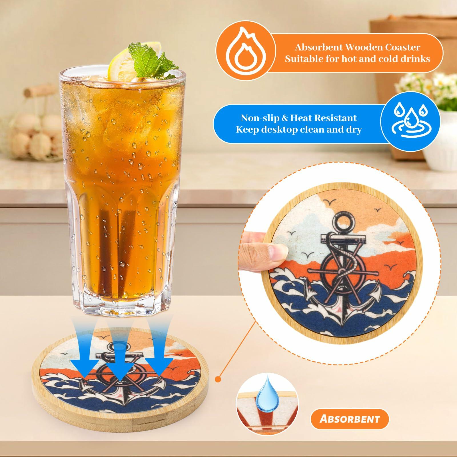 Leokawin Wood Coasters Set of 6 4 Inch Vintage Brown Drink Absorbent