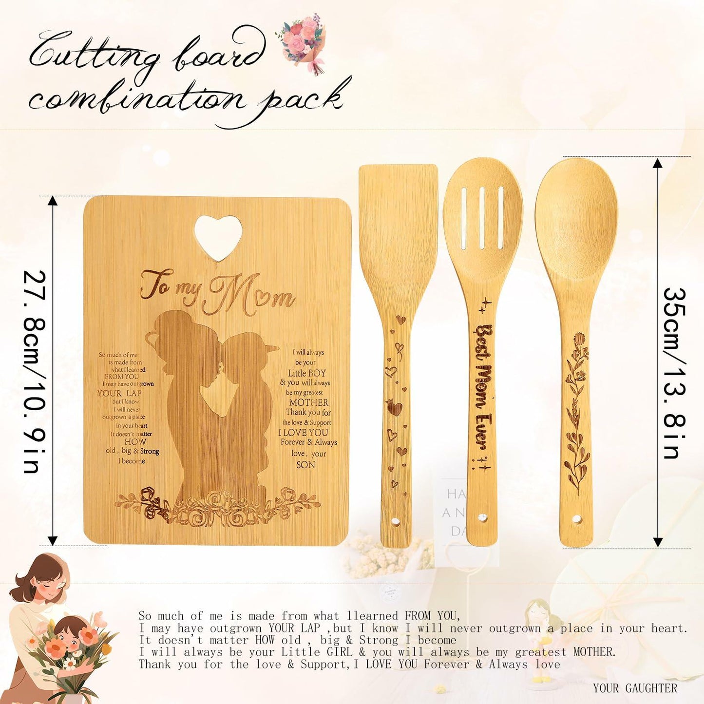 MCJC Bamboo Cutting Board & Kitchen Utensil Set Heart Design Mom Gifts One Size