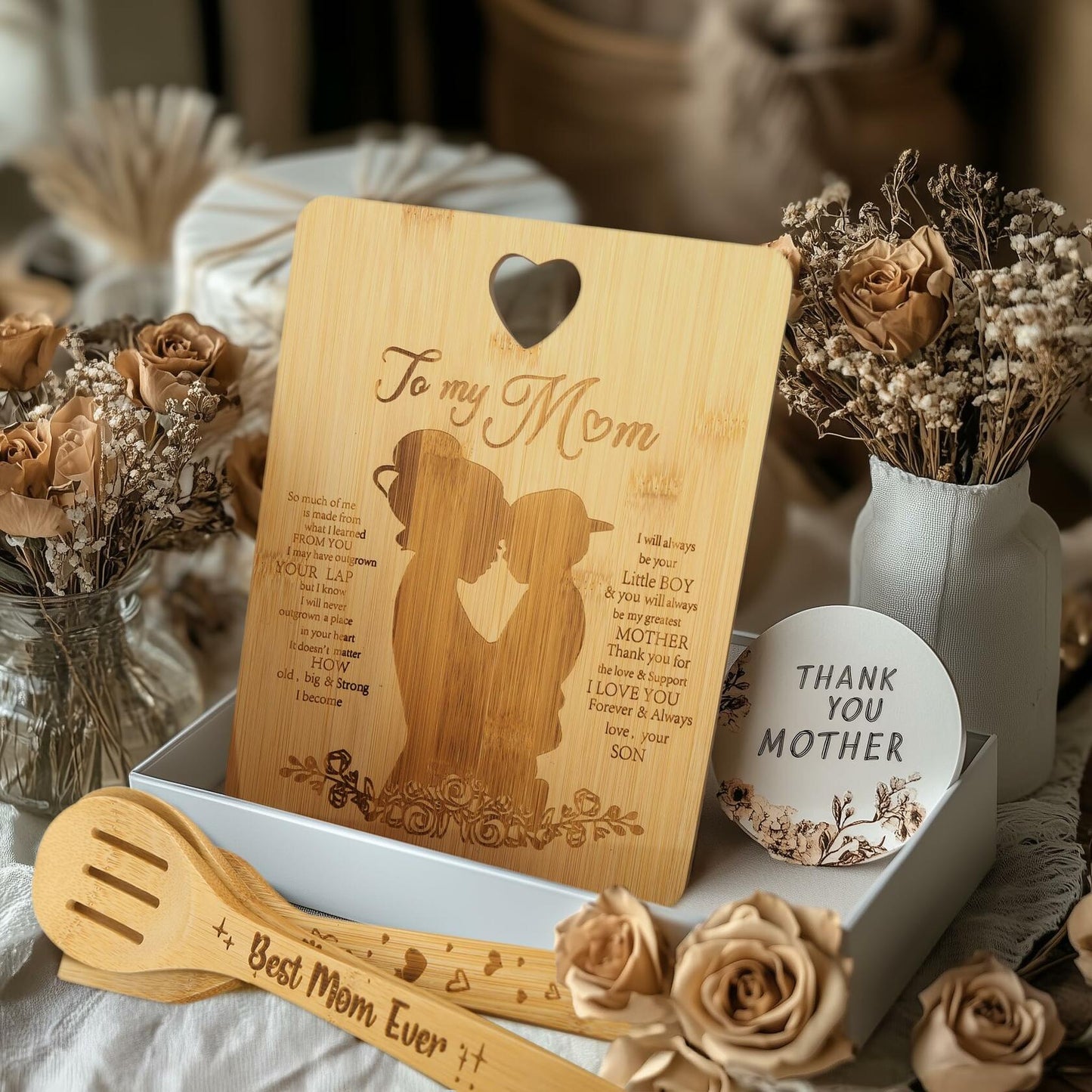 MCJC Bamboo Cutting Board & Kitchen Utensil Set Heart Design Mom Gifts One Size