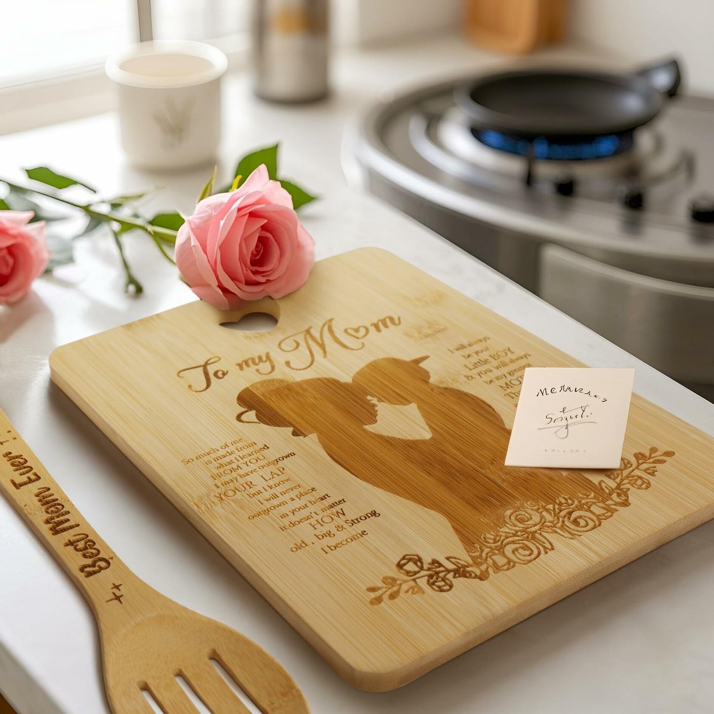 MCJC Bamboo Cutting Board & Kitchen Utensil Set Heart Design Mom Gifts One Size