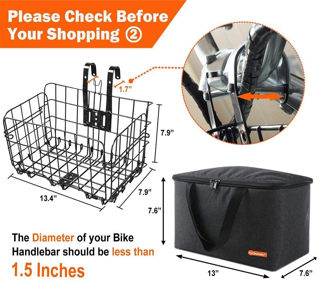 ONWAY Folding Front Handlebar Rear Rack Bike Basket with Canvas Liner Black
