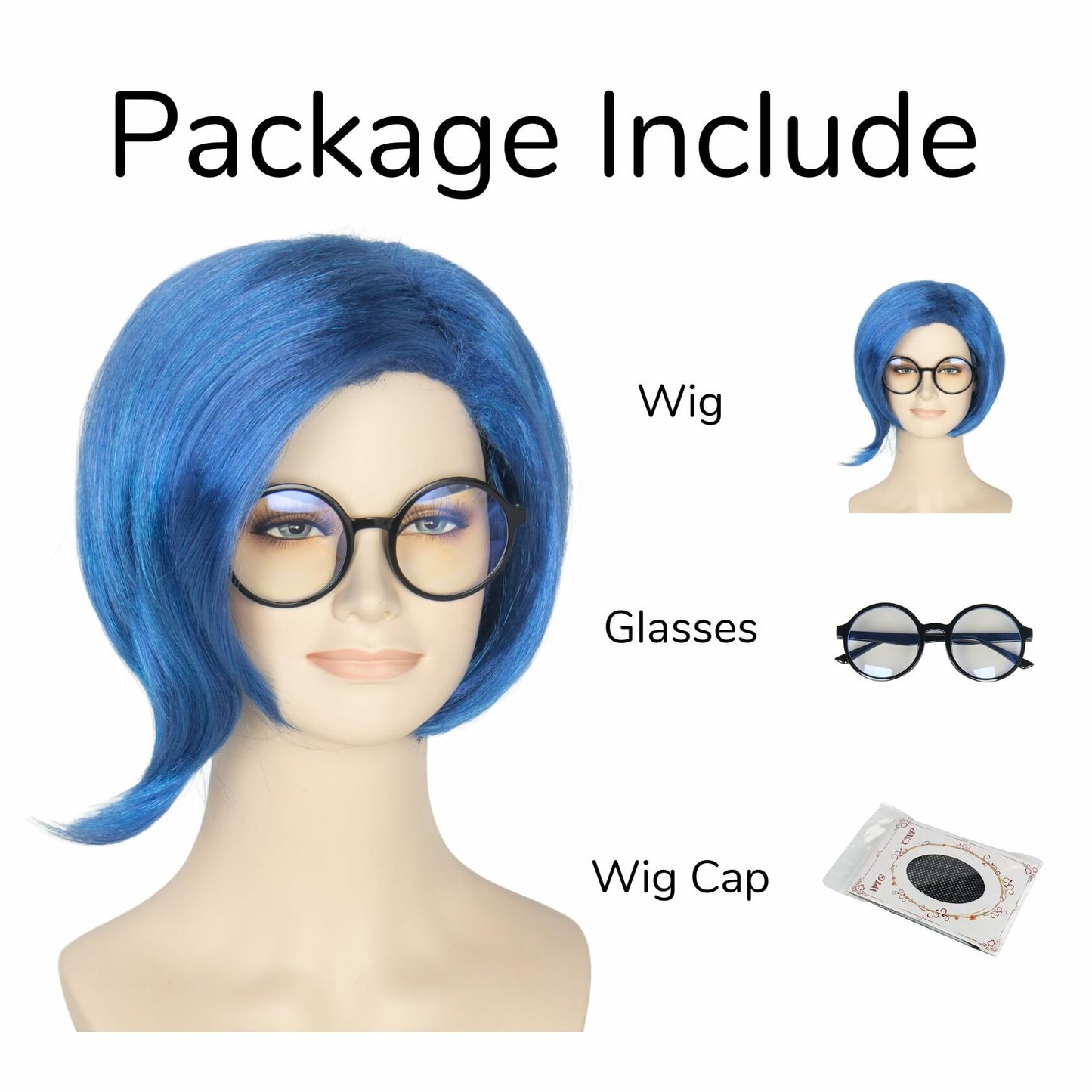 Miss U Hair Women's Short Straight Blue Wig with Glasses Cosplay
