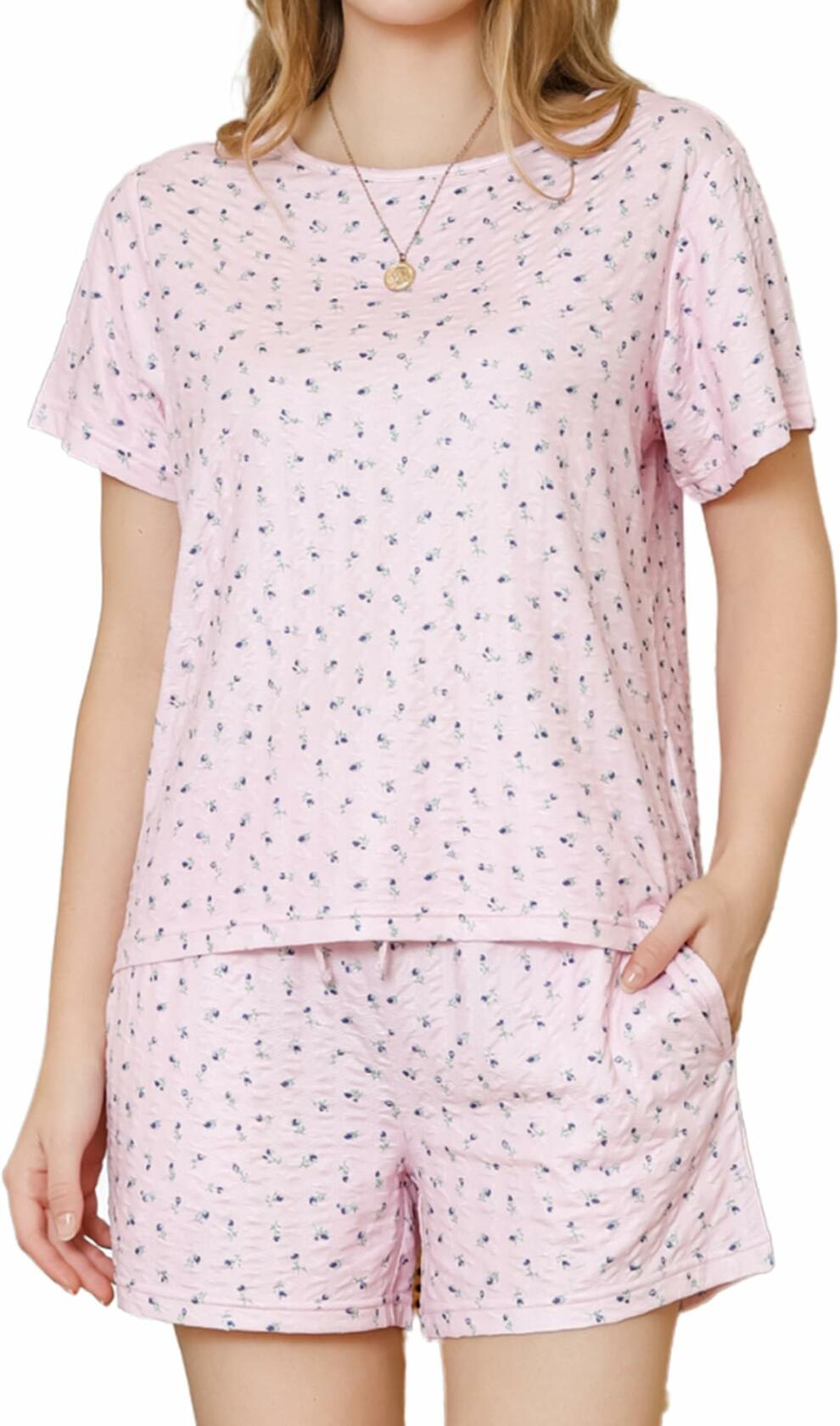 LYCY Womens Floral Print Pajamas Shorts Set Light Pink Floral Size M
