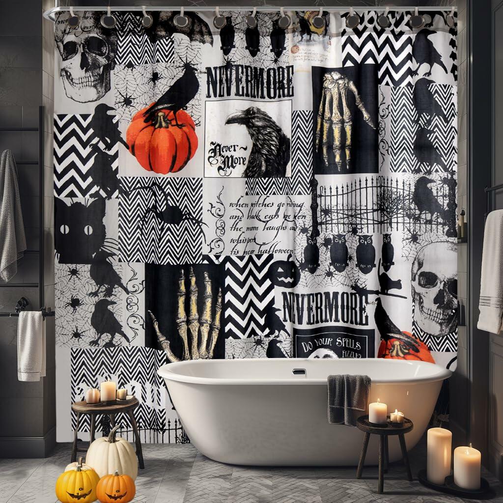 EVENHUG Halloween Waterproof Shower Curtain Set Grey 72x72 inch with Hooks