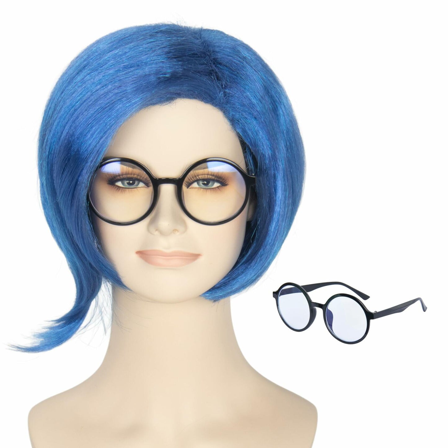 Miss U Hair Women's Short Straight Blue Wig with Glasses Cosplay