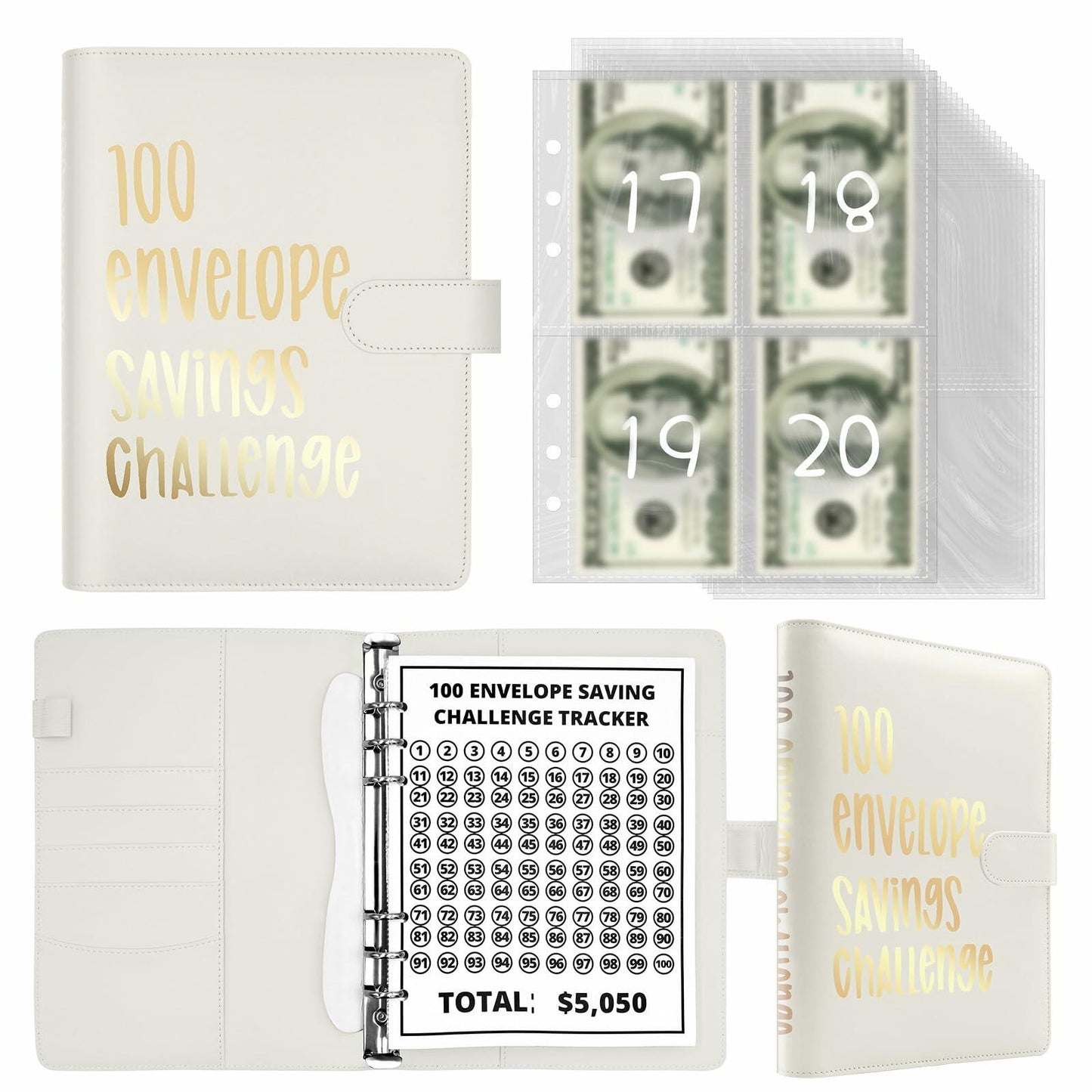 Mashaop 100 Envelope Challenge Binder White PU A4/Letter 13 Pages