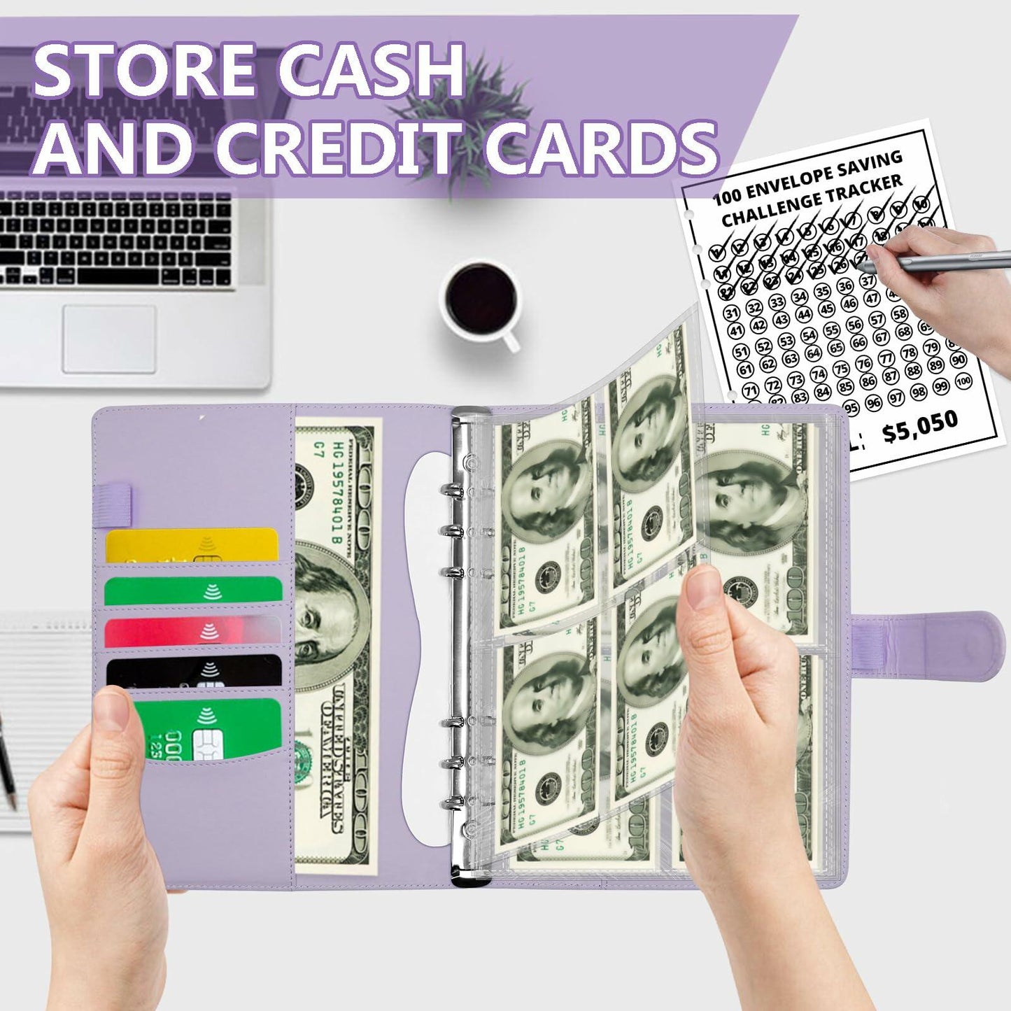 Mashaop 100 Envelope Challenge Binder White PU A4/Letter 13 Pages