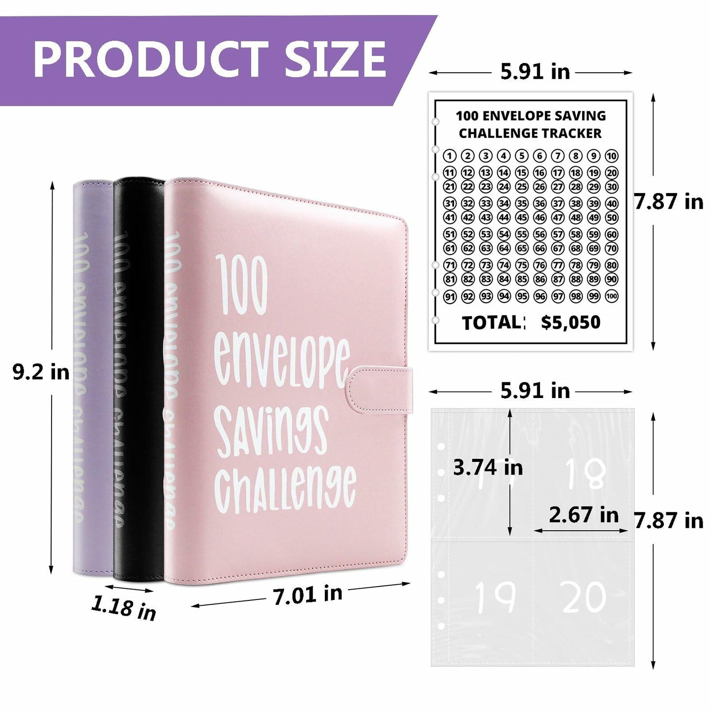 Mashaop 100 Envelope Challenge Binder White PU A4/Letter 13 Pages