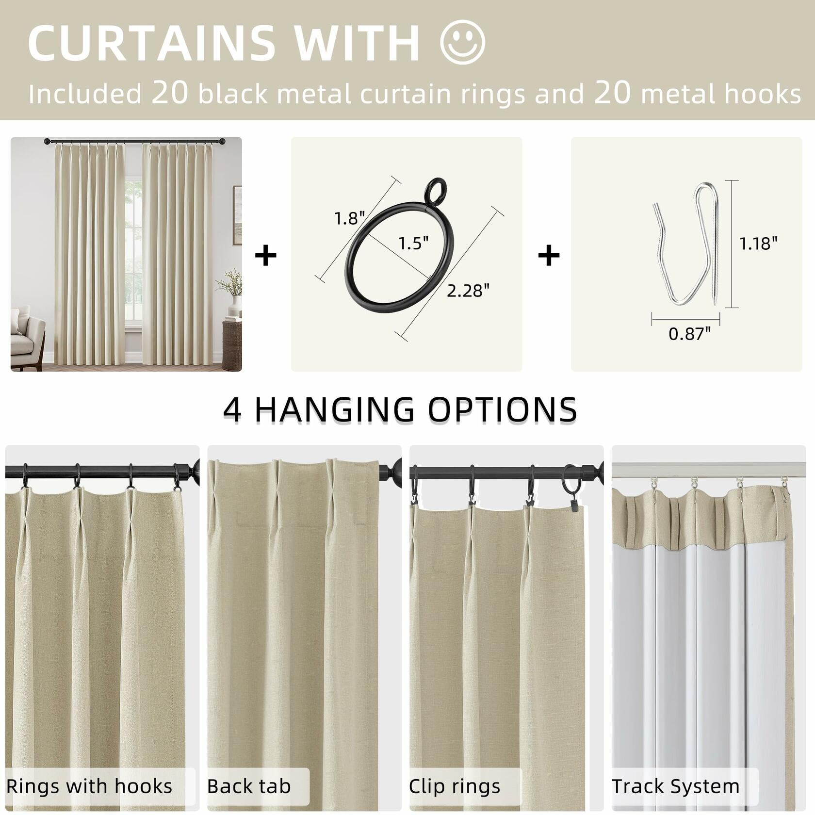 ChrisDowa Pinch Pleated Blackout Linen Curtains 40x102in Greyish Beige 2 Panels