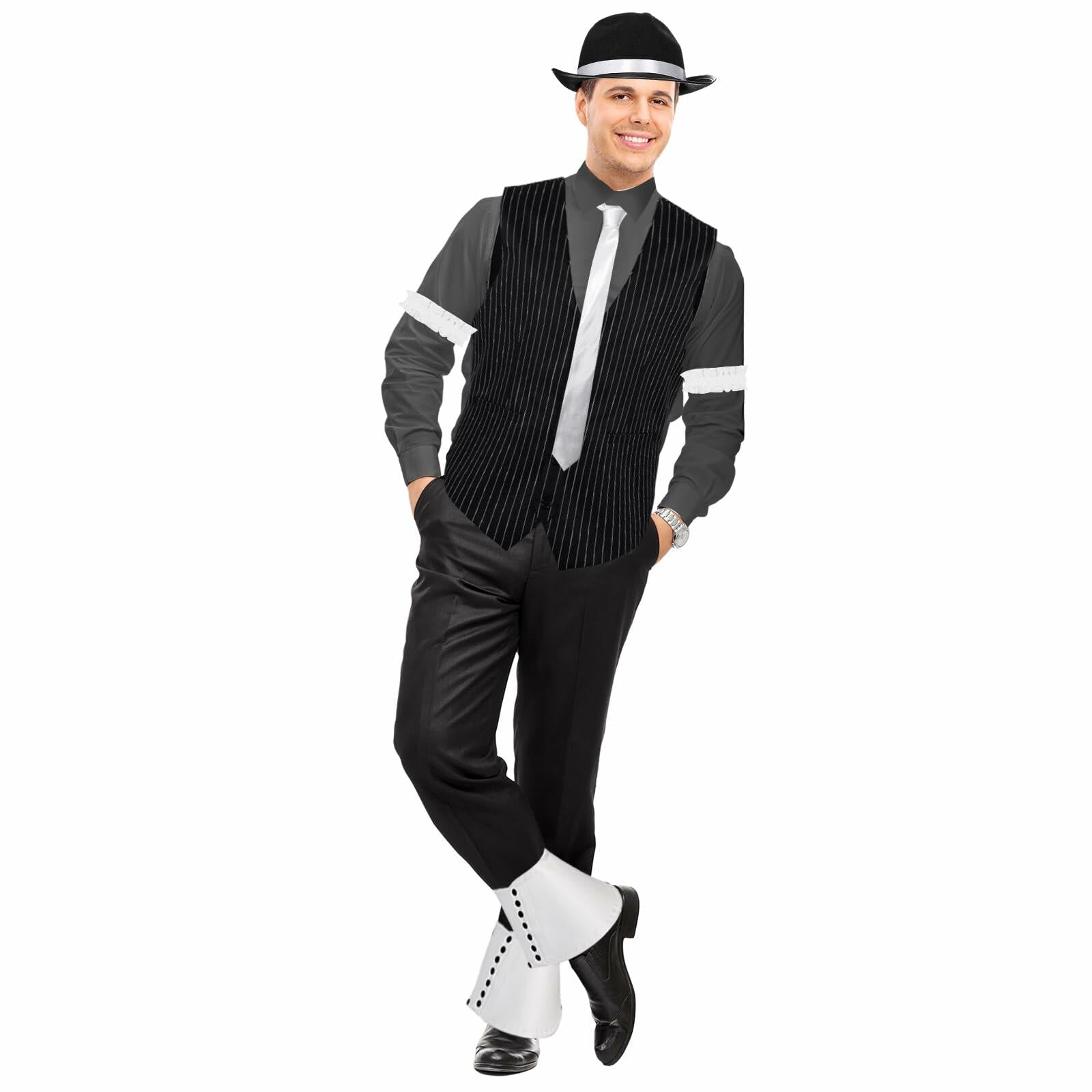 Toulite 1920s Mens Gangster Costume Vest Hat Bow Tie Pocket Watch Set XXL