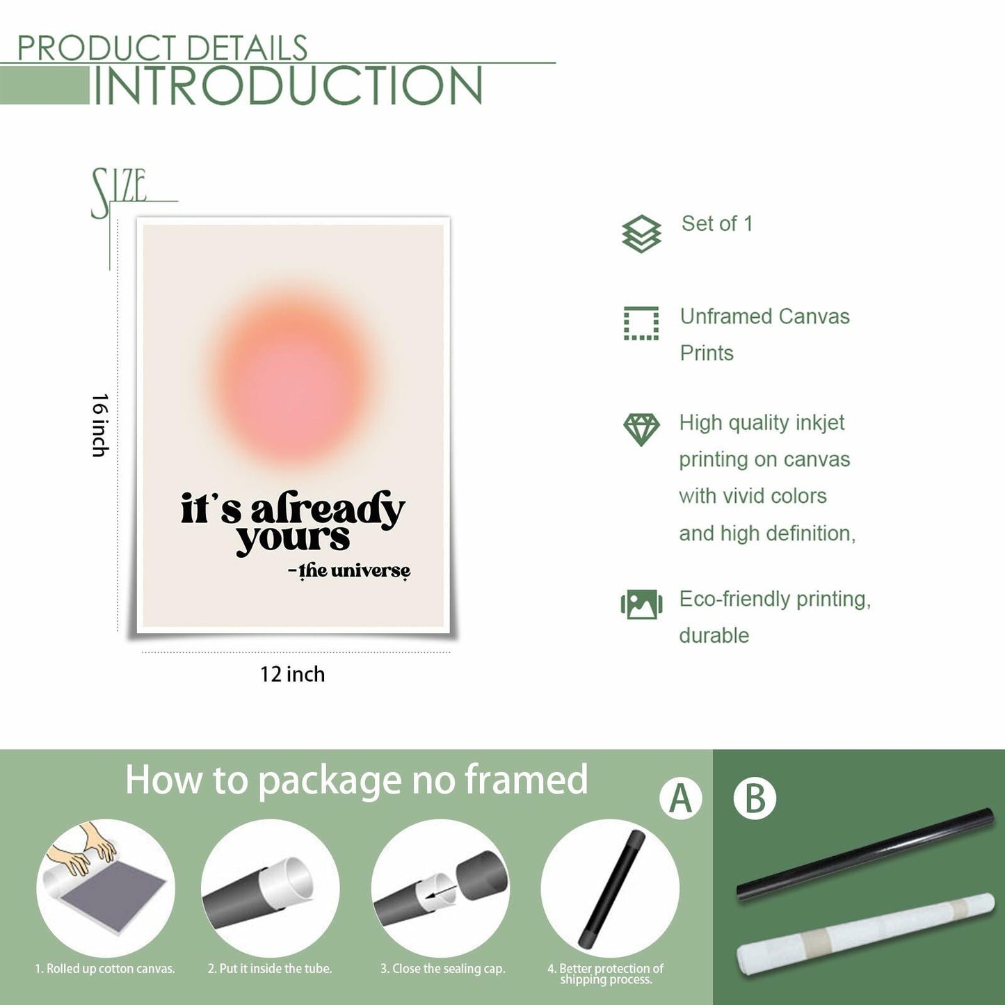 Usoway Motivational Wall Art Pink Aura Canvas 12x16in Unframed