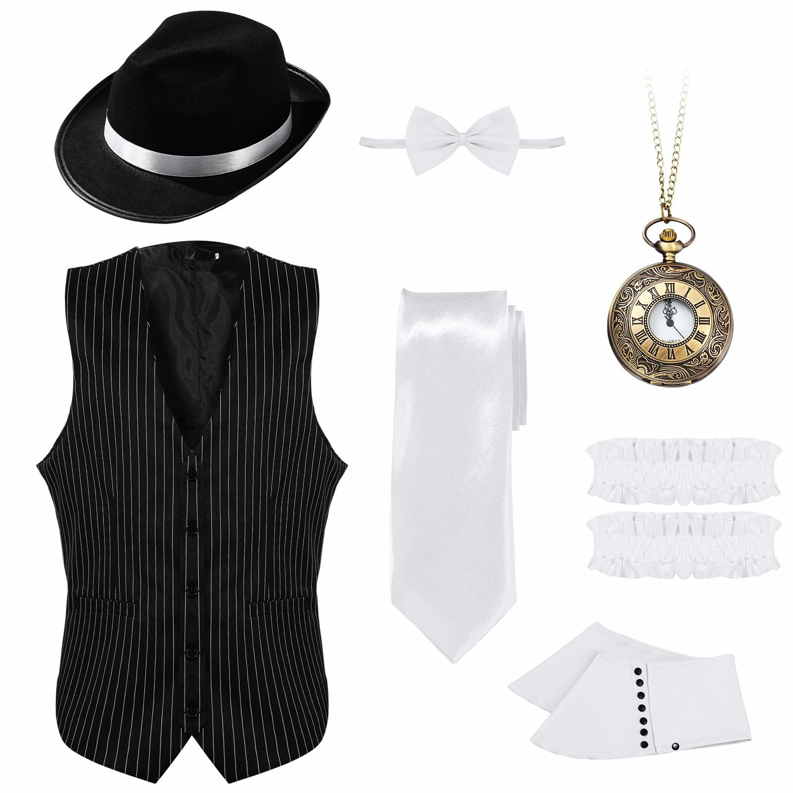 Toulite 1920s Mens Gangster Costume Vest Hat Bow Tie Pocket Watch Set XXL